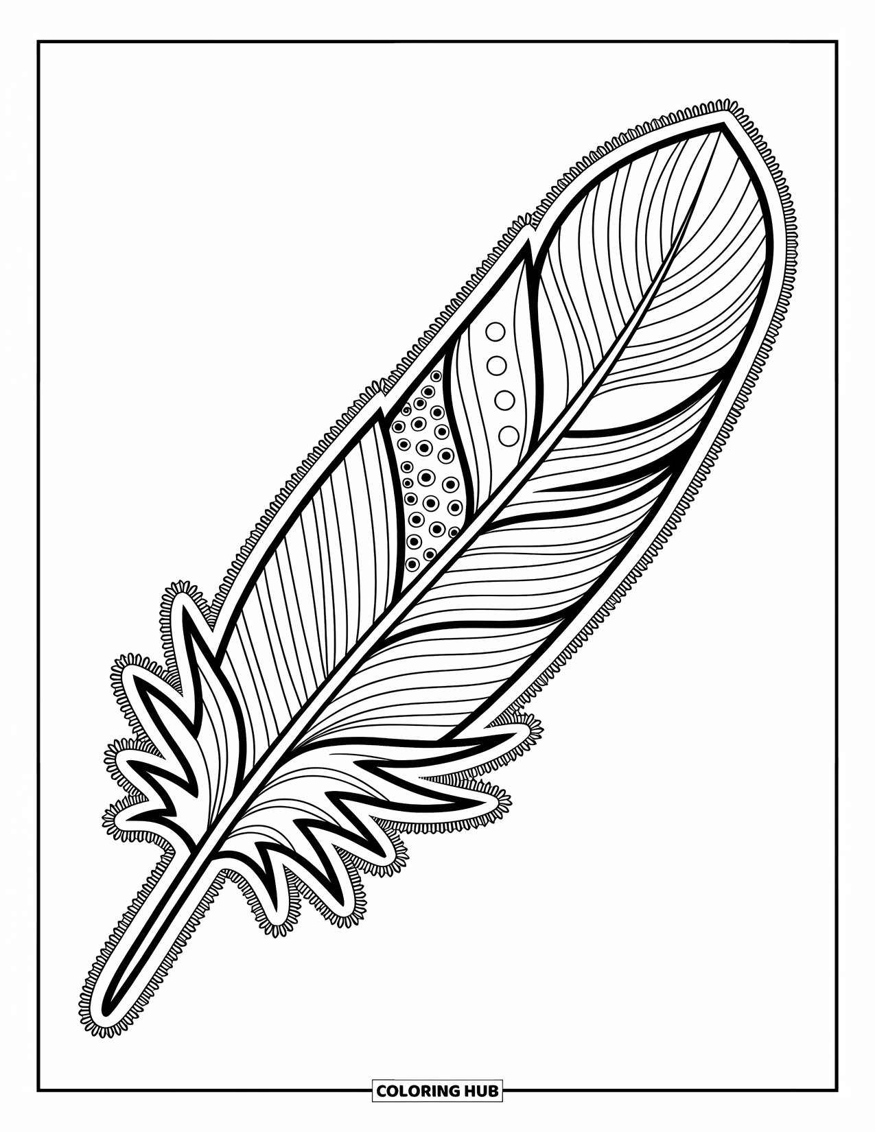 Desenho de pena para colorir para adultos: Uma pena zentangle com linhas em espiral, pontos e curvas