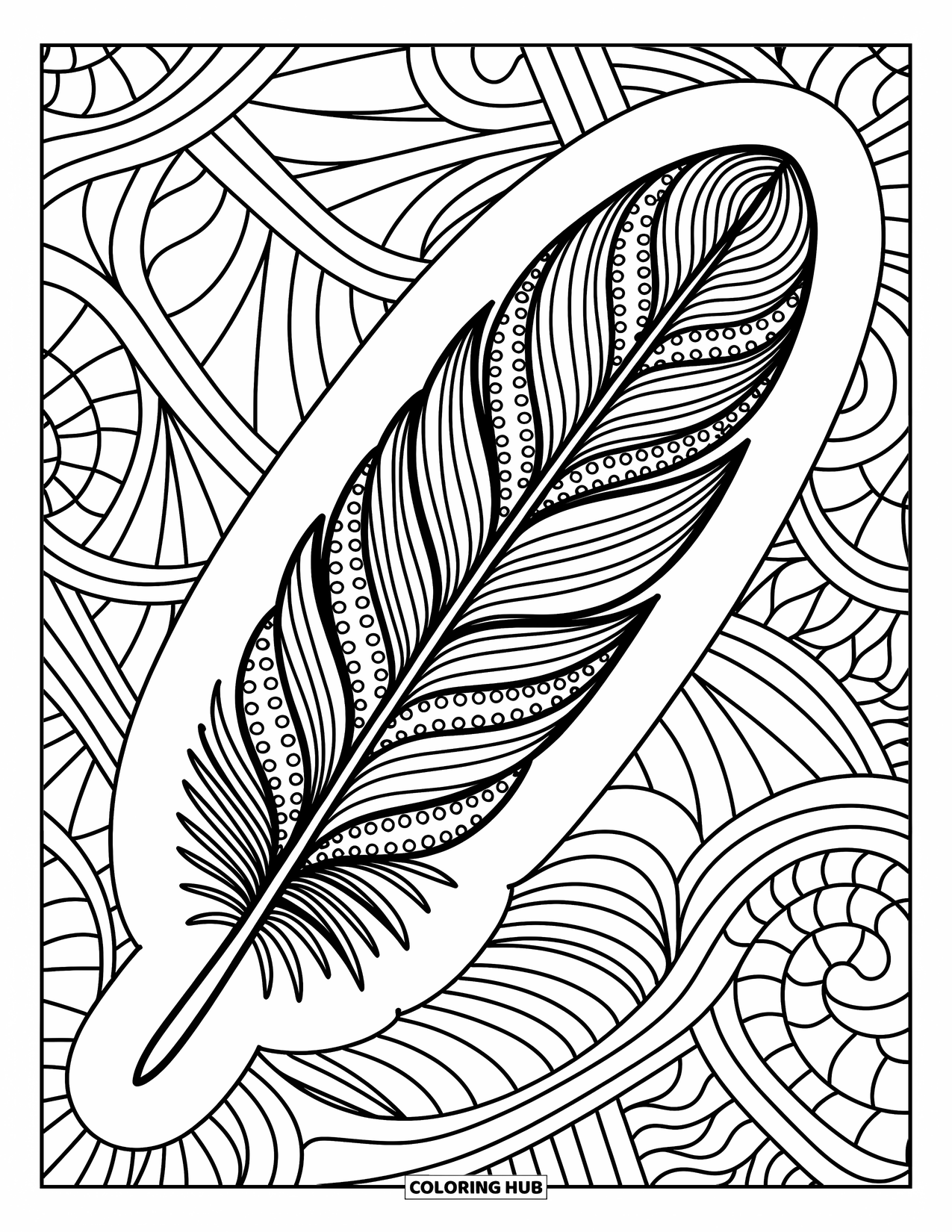 Desenho de pena para colorir para adultos: Uma pena zentangle com redemoinhos, pontos e padrões intrincados