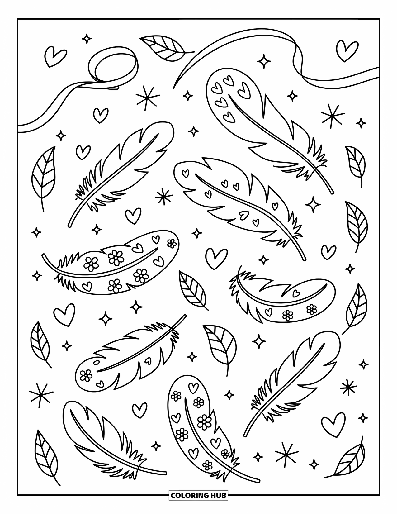 Desenho de pena para colorir para adultos: Penas fofas com corações, florais e redemoinhos flutuando ao redor