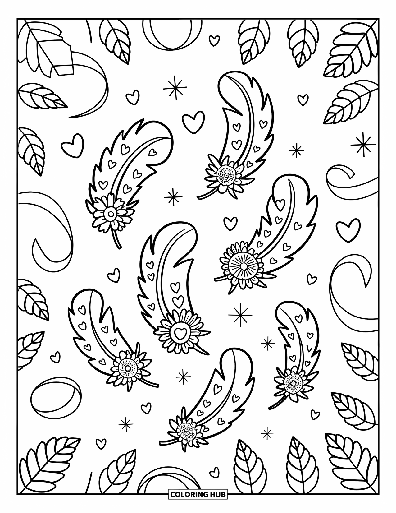 Desenho de pena para colorir para adultos: Penas estampadas com corações e florais cercadas por brilhos