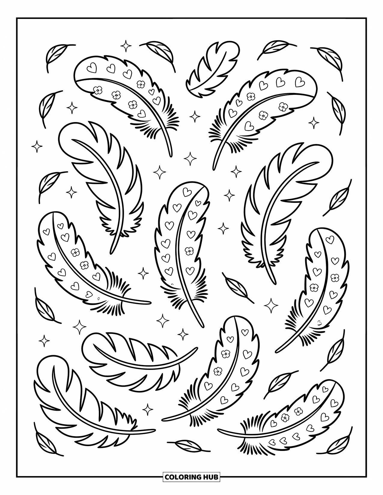 Desenho de pena para colorir para adultos: Penas estampadas com brilhos e folhas suaves e flutuantes