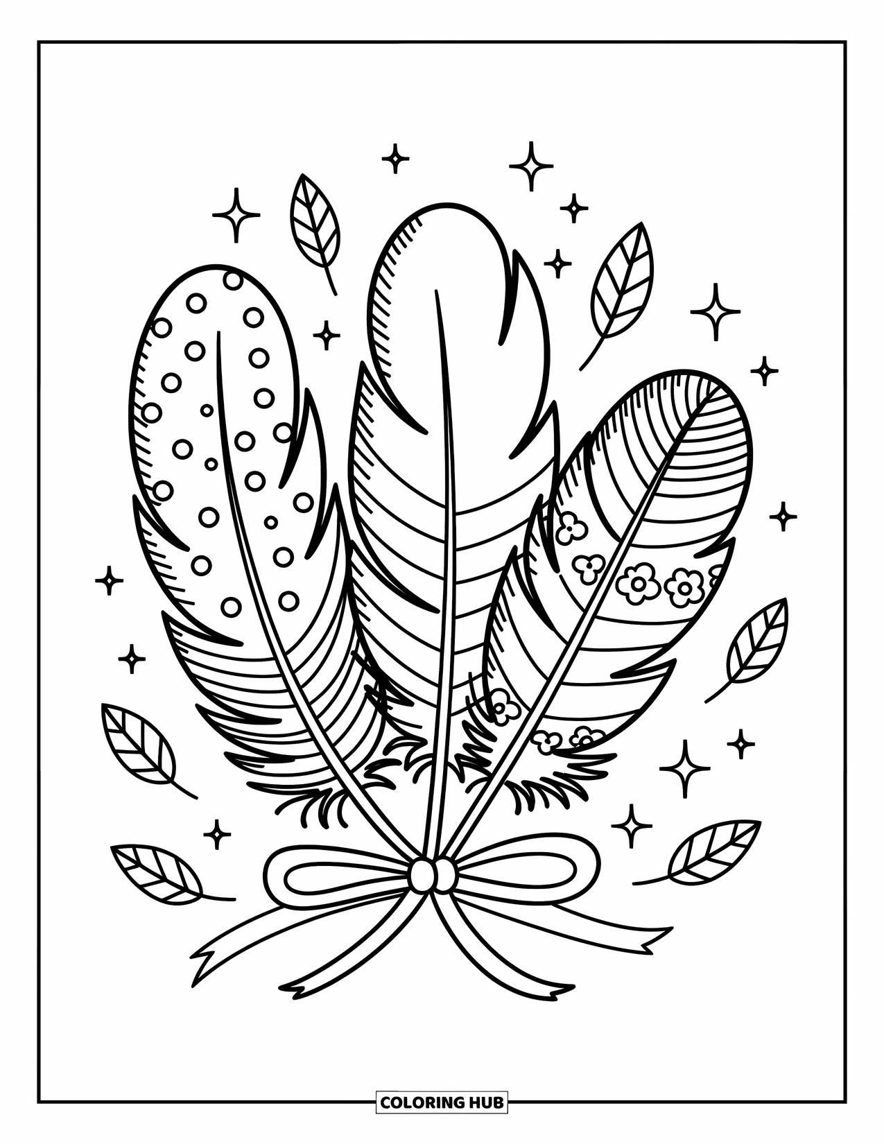 Desenho de pena para colorir para adultos: Três penas fofas amarradas com uma fita e brilhos