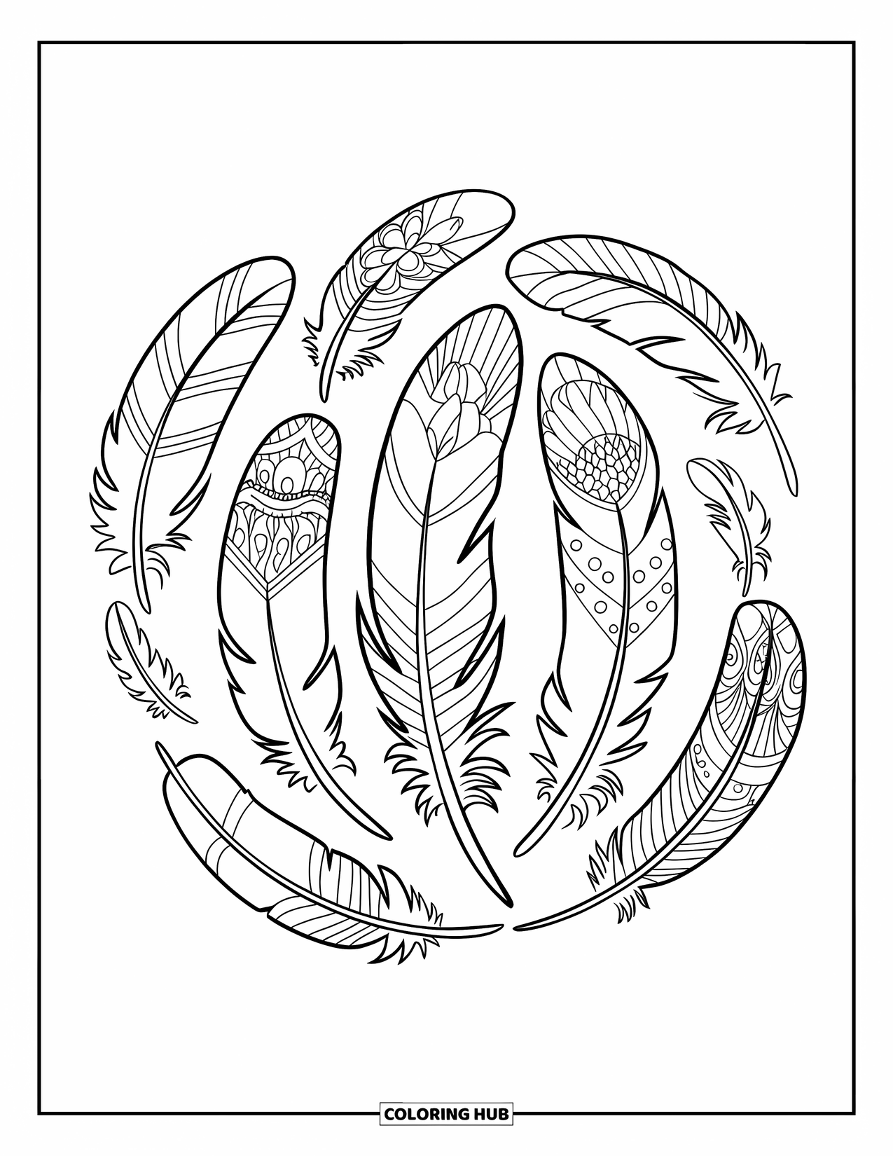Desenho de pena para colorir para crianças: Um círculo de penas com designs internos em estilo mandala