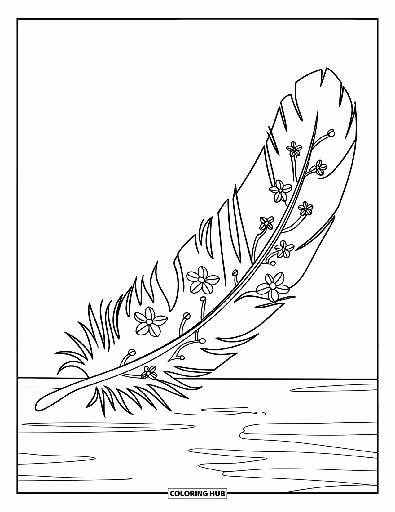 Desenho de pena para colorir para crianças: Uma pena decorada com vinhas e flores delicadas