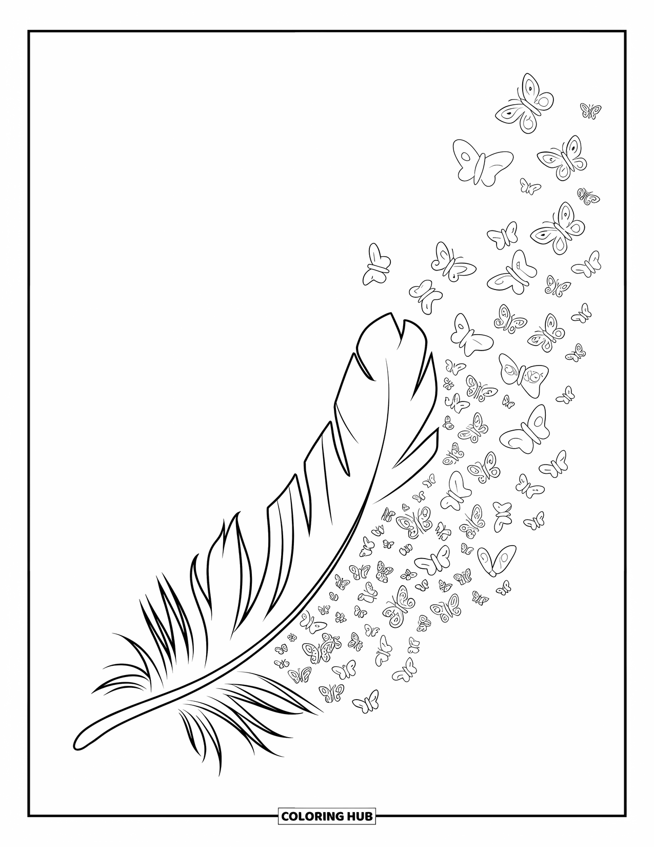 Desenho de pena para colorir para crianças: Uma pena se dissolvendo em borboletas com detalhes suaves e delicados