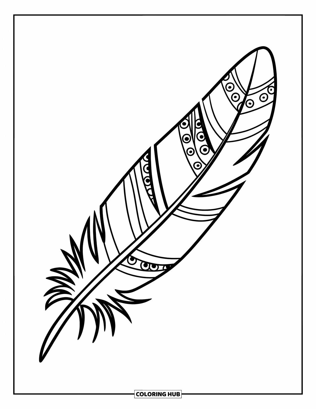 Desenho de pena para colorir para crianças: Uma pena dividida em seções com estrelas, círculos e ondas