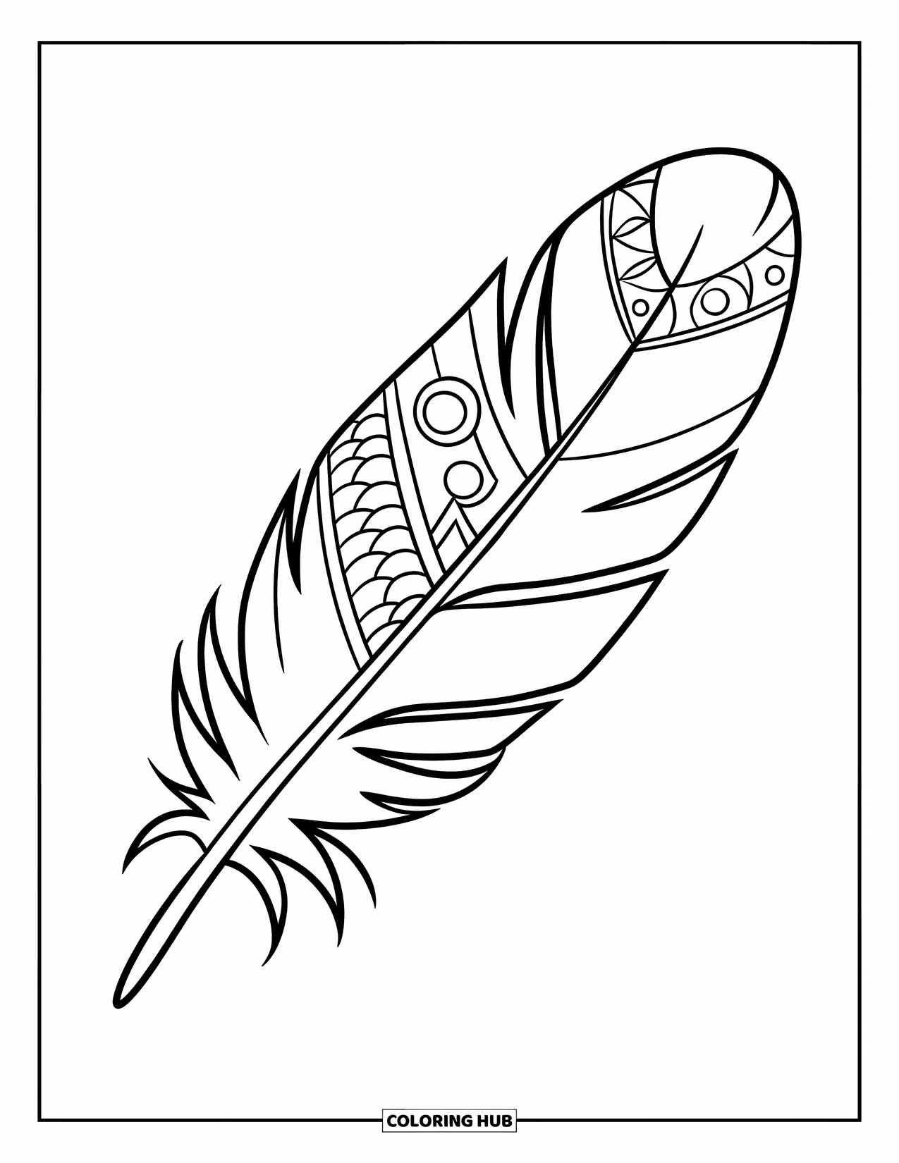 Desenho de pena para colorir para crianças: Uma pena dividida em seções com círculos e triângulos alternados