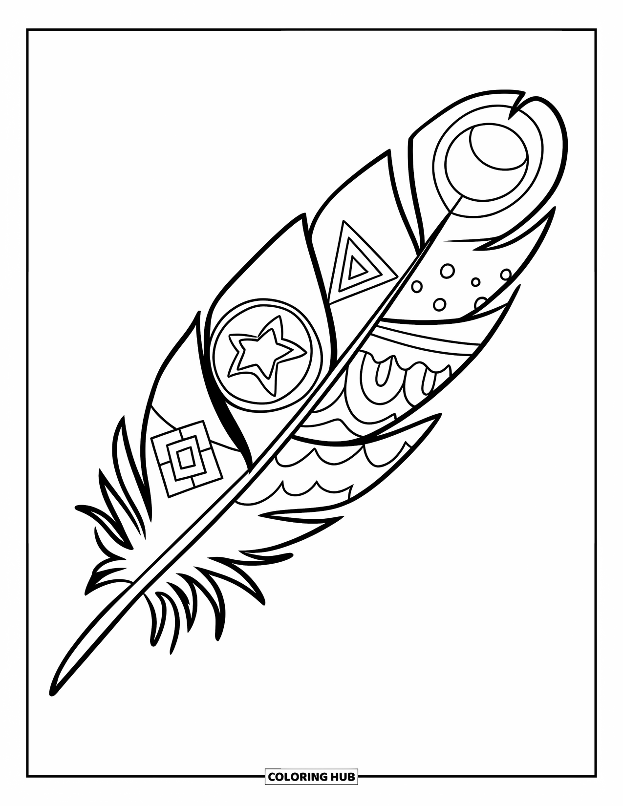 Desenho de pena para colorir para crianças: Uma pena dividida em seções com várias formas e símbolos