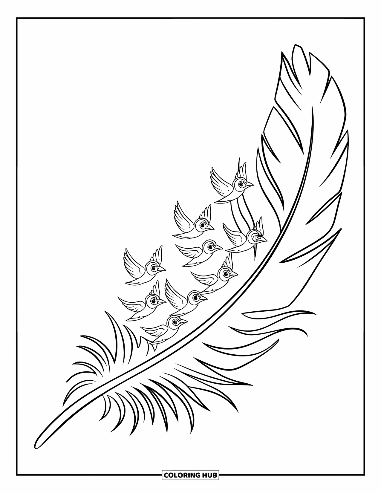 Desenho de pena para colorir para crianças: Uma pena se transformando em pássaros com asas abertas voando para longe