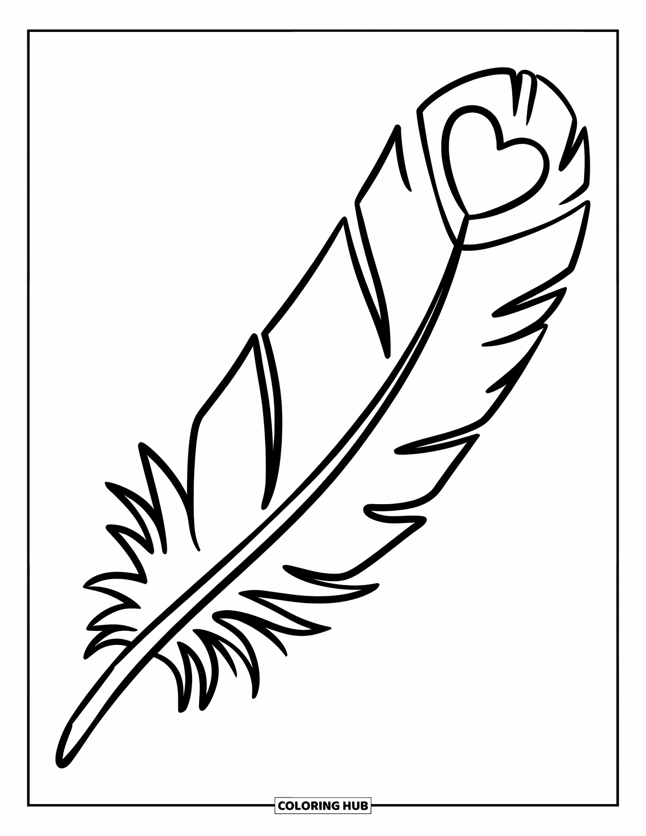 Desenho de pena para colorir para crianças: Uma pena com uma ponta em forma de coração