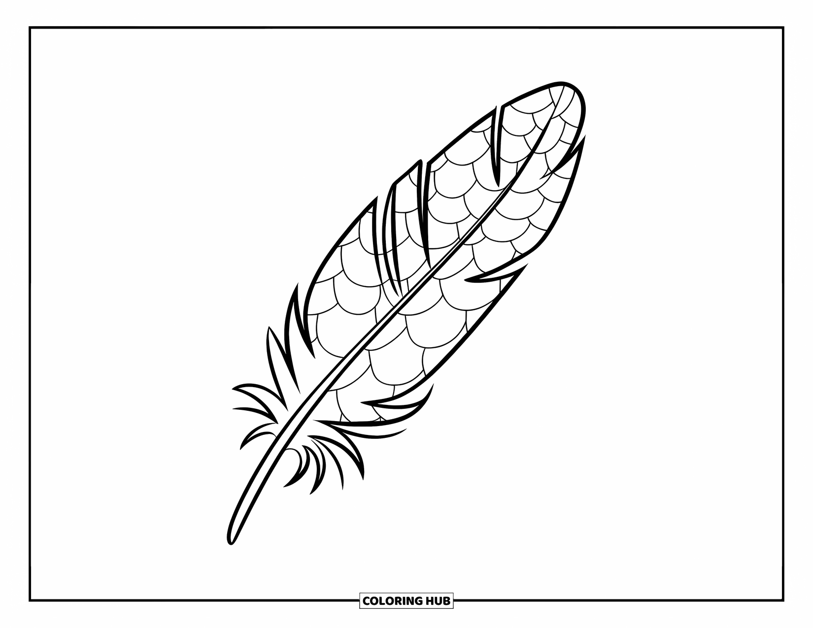 Desenho de pena para colorir para crianças: Uma pena com padrões de escamas de dragão e designs dinâmicos