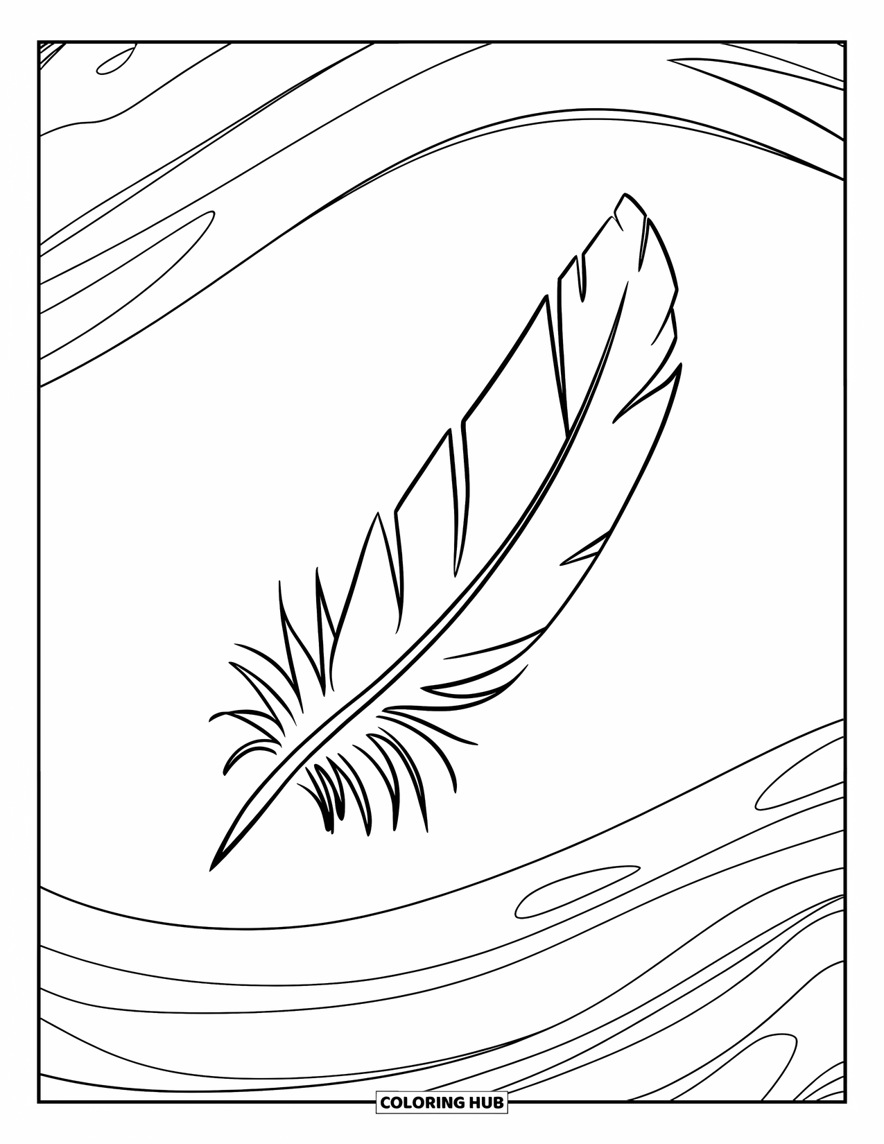 Desenho de pena para colorir para crianças: Uma pena com linhas de redemoinho que se estendem para fora