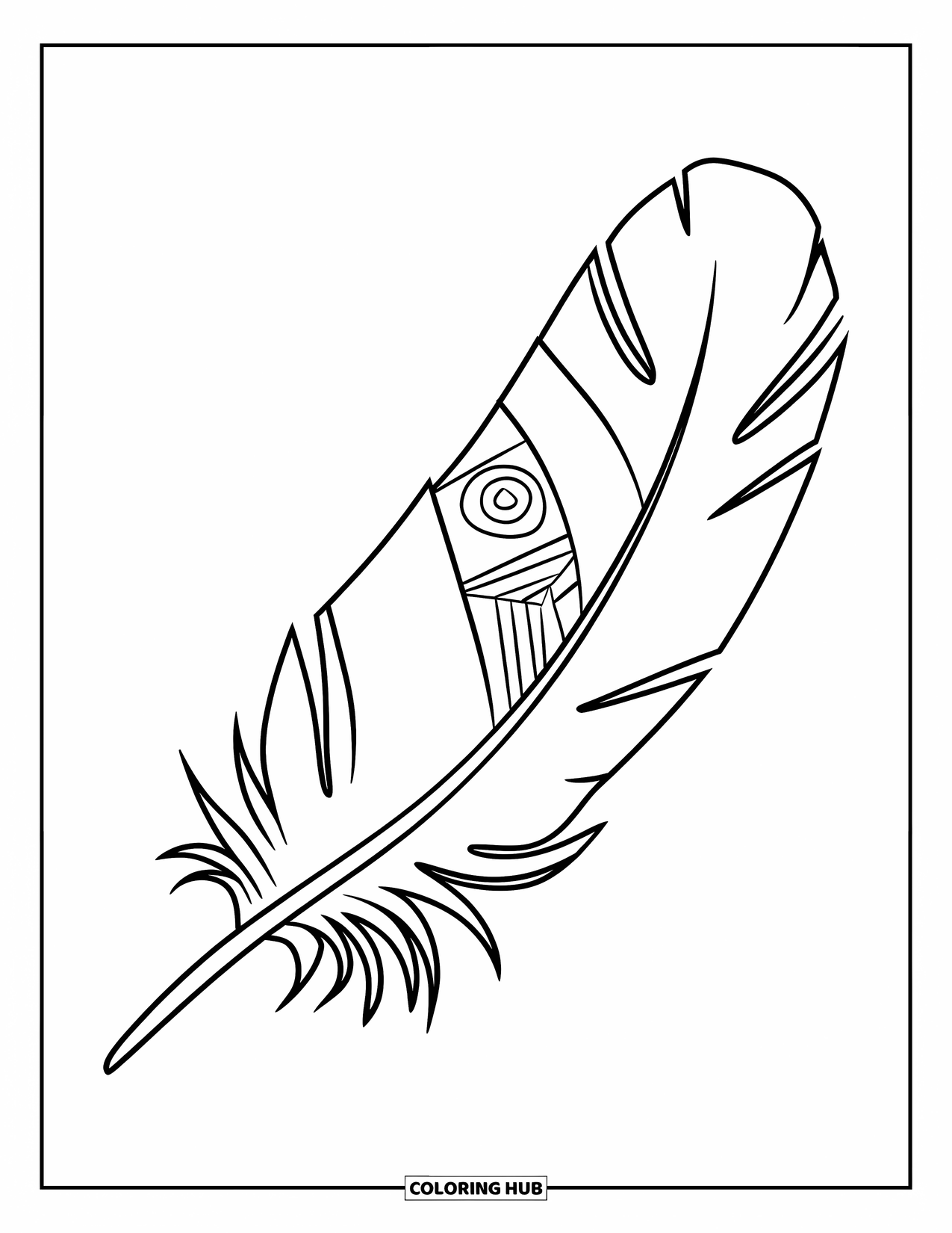 Desenho de pena para colorir para crianças: Uma pena com redemoinhos e padrões geométricos empoleirada em um galho