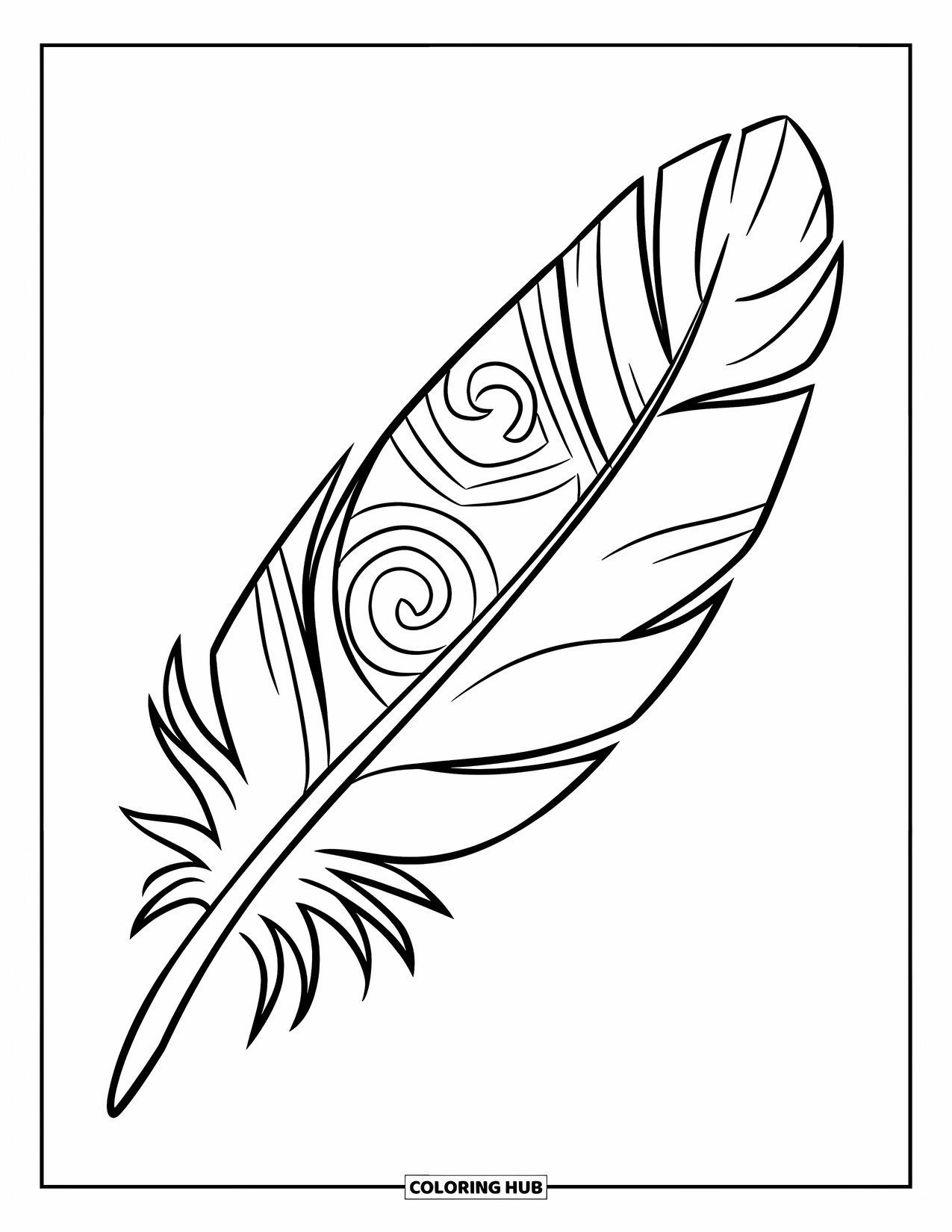 Desenho de pena para colorir para crianças: Uma pena com redemoinhos e padrões simples dentro