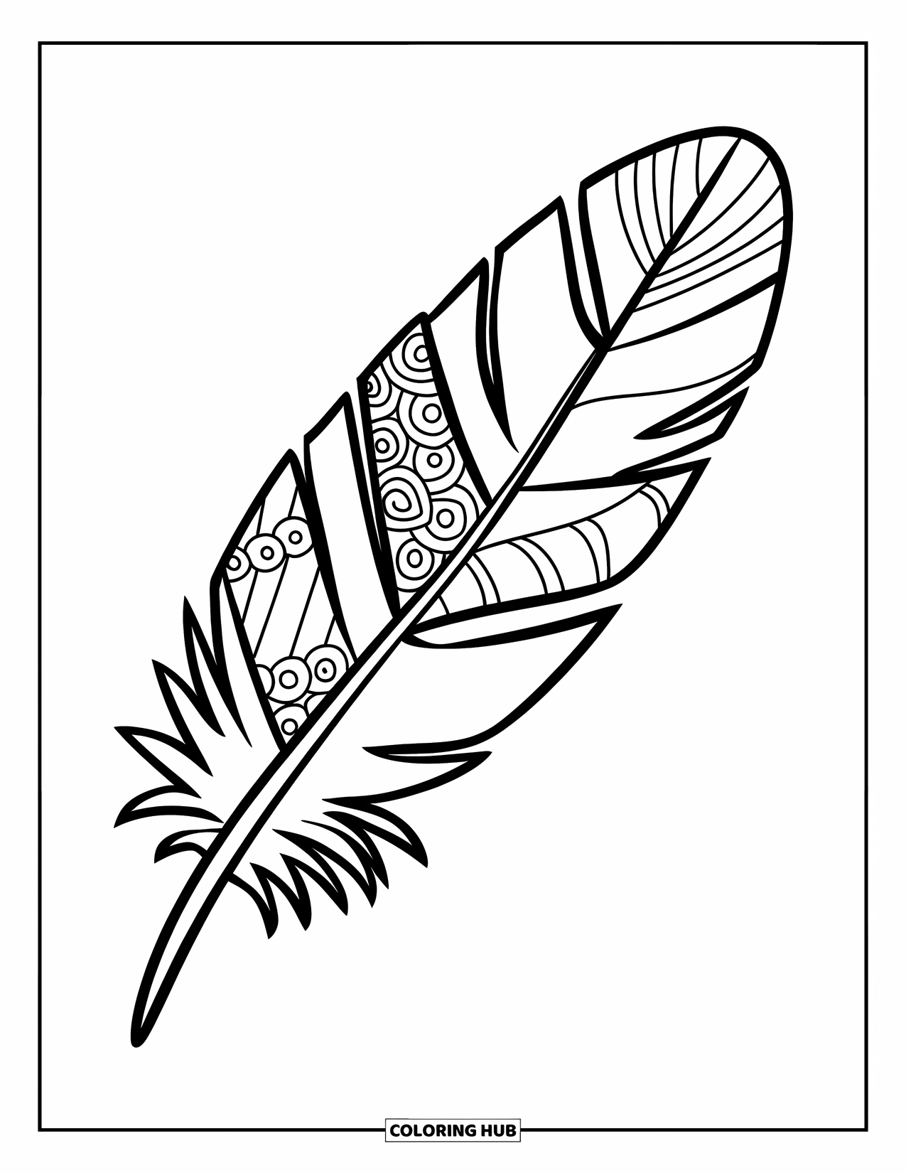 Desenho de pena para colorir para crianças: Uma pena com linhas de inspiração tribal e pequenas flechas