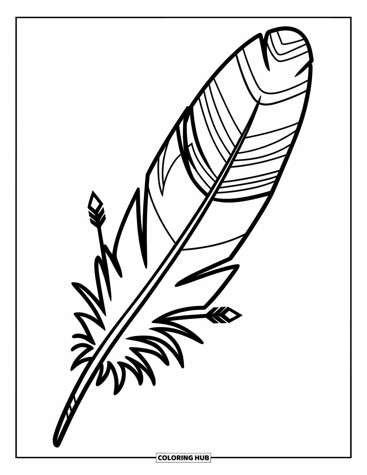 Desenho de pena para colorir para crianças: Uma pena com padrões tribais e flechas seguradas por uma mão