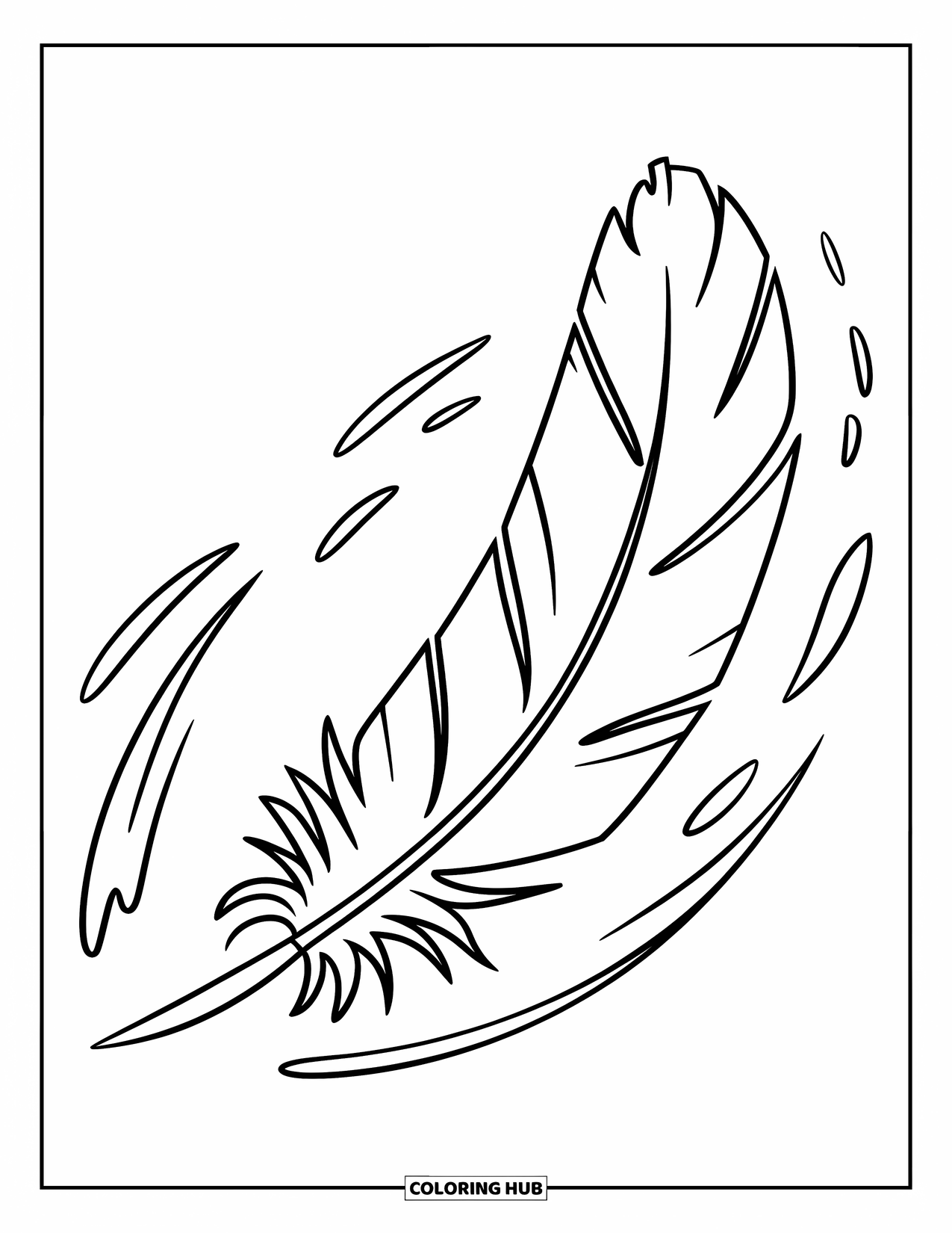 Desenho de pena para colorir para crianças: Uma pena flutuante com linhas giratórias por perto