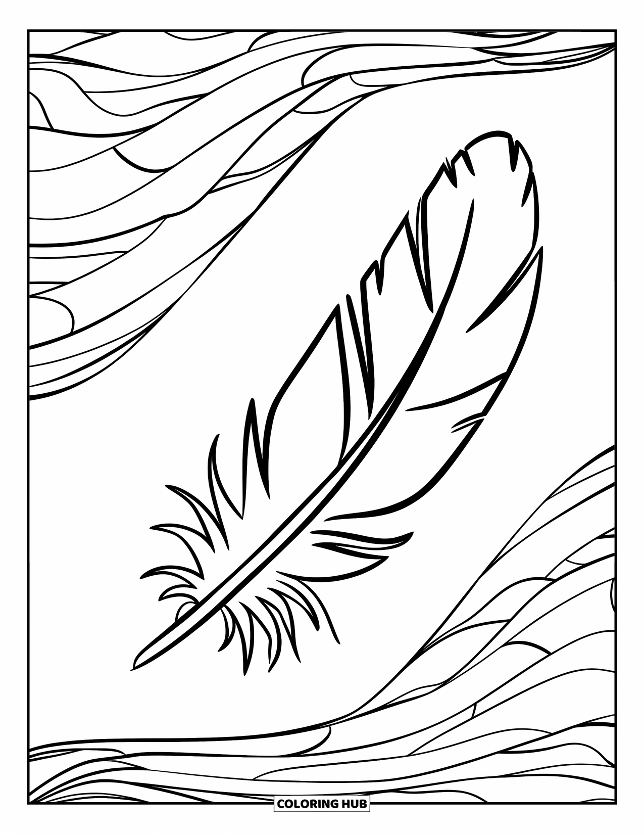 Desenho de pena para colorir para crianças: Uma pena flutuante com redemoinhos ao redor