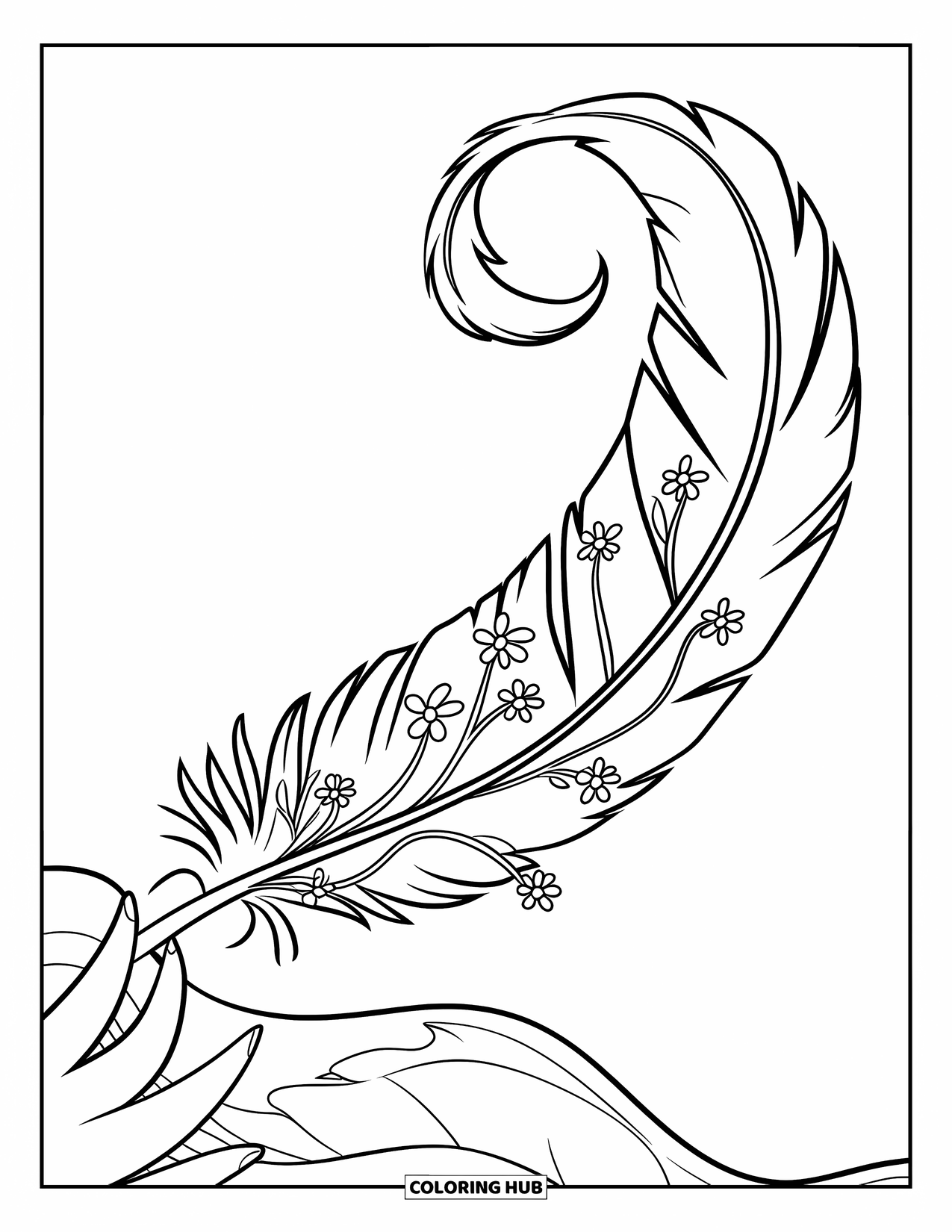 Desenho de pena para colorir para crianças: Uma pena longa enrolada em vinhas e pequenas flores