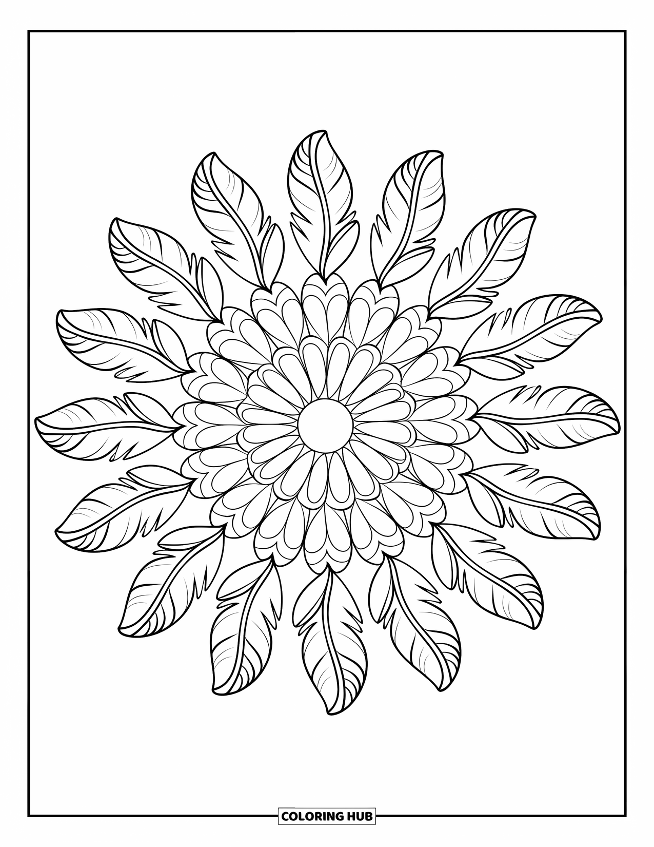 Desenho de pena para colorir para crianças: Uma mandala feita de penas com padrões internos intrincados