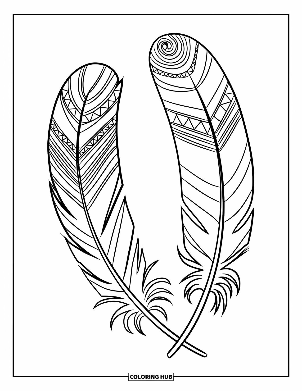 Desenho de pena para colorir para crianças: Um par de penas com padrões tribais intrincados