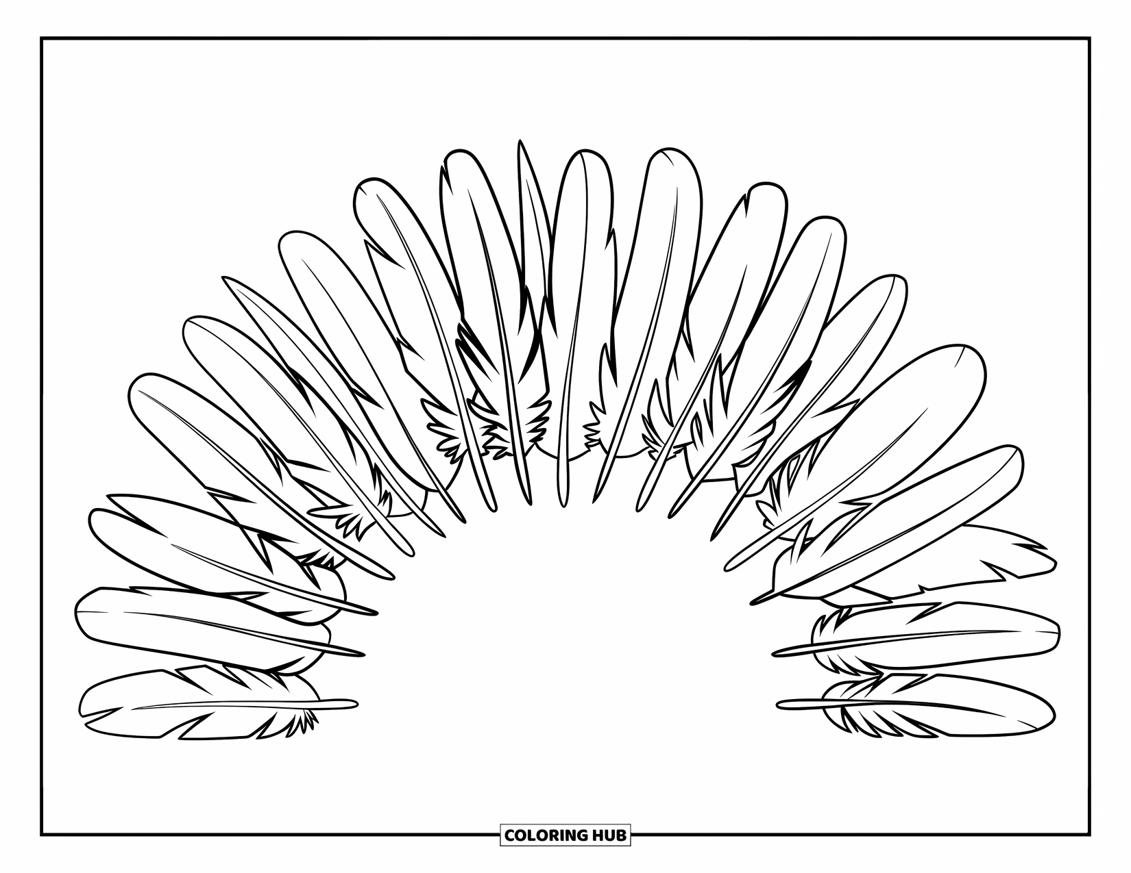 Desenho de pena para colorir para crianças: Um semicírculo de penas com diferentes tamanhos e padrões