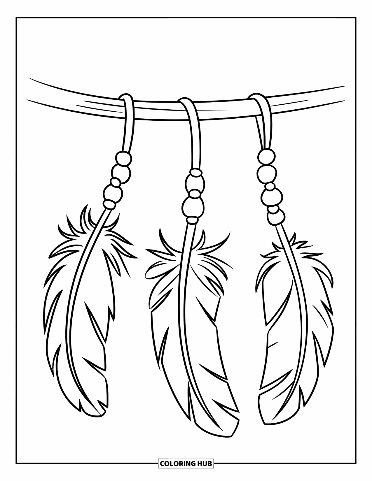 Desenho de pena para colorir para crianças: Penas penduradas em um barbante com contas e um pino de madeira