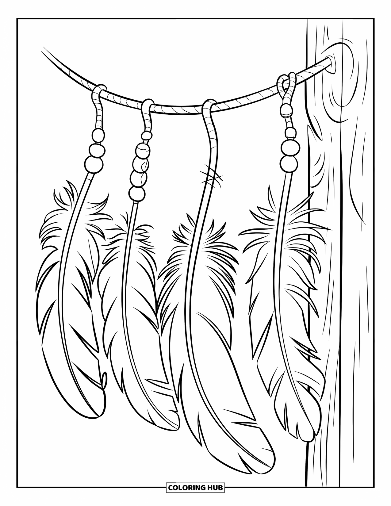 Desenho de pena para colorir para crianças: Penas penduradas com contas em um barbante liso