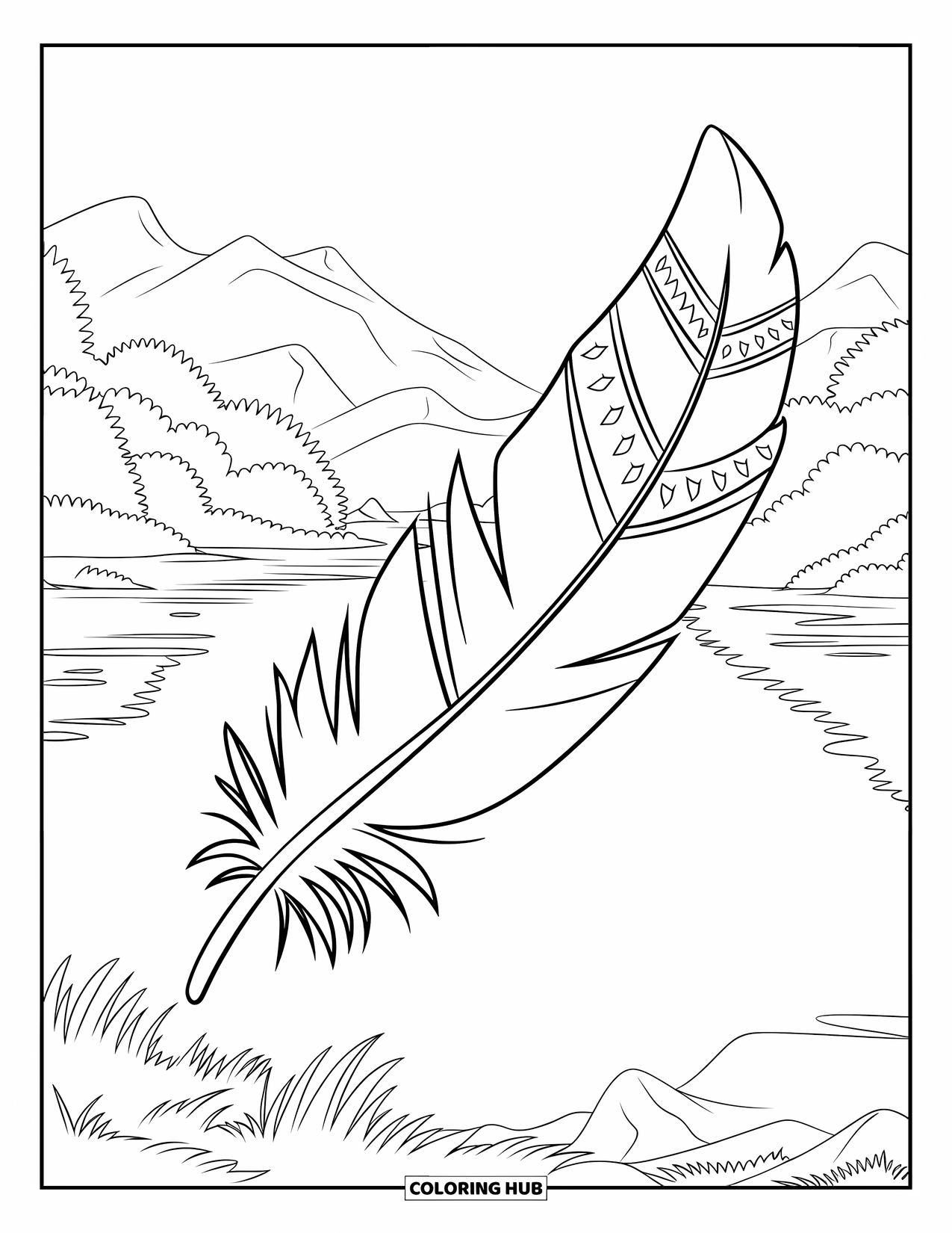 Desenho de pena para colorir para crianças: Penas com padrões folhosos seguradas por um caule verde