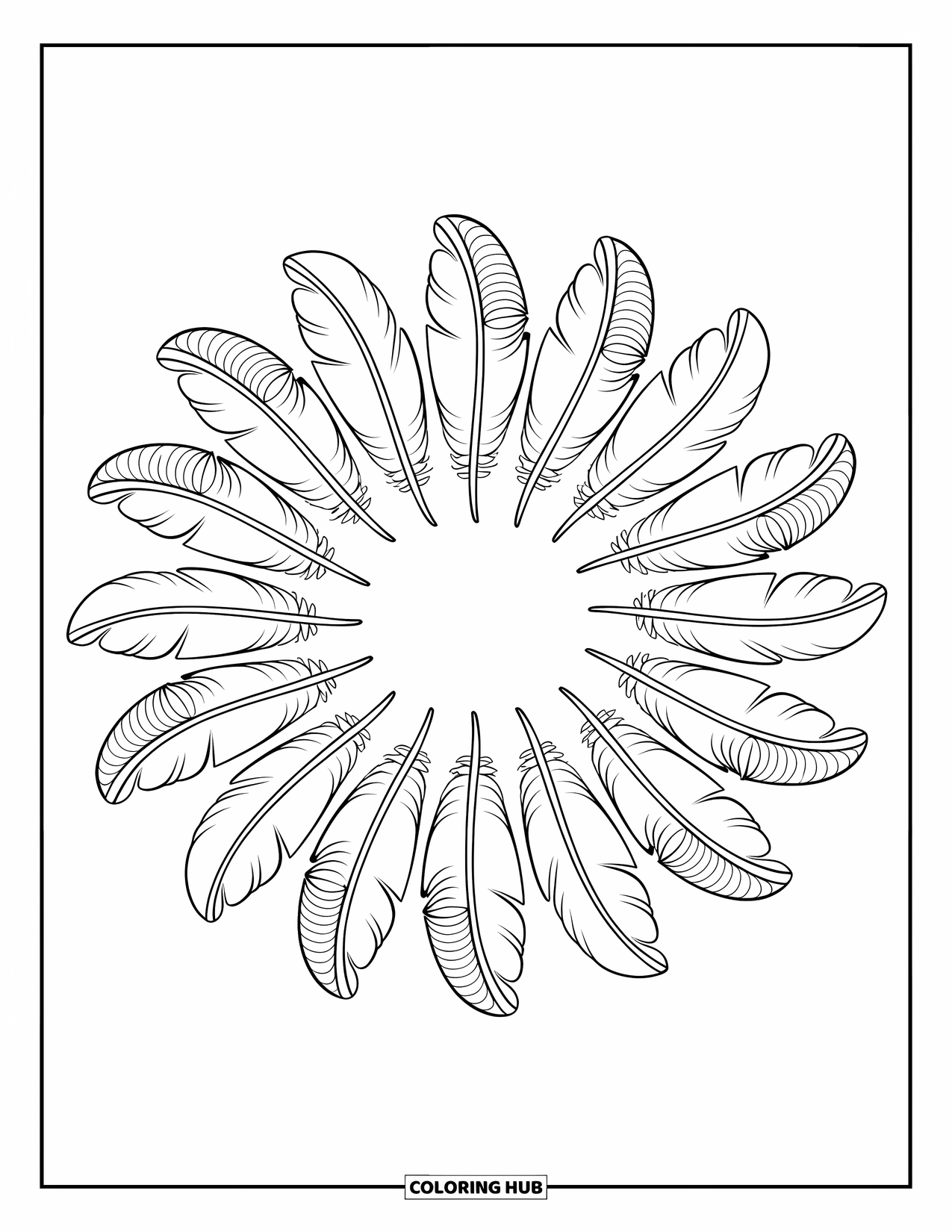 Desenho de pena para colorir para crianças: Penas com padrões semelhantes a mandalas dispostas em um círculo