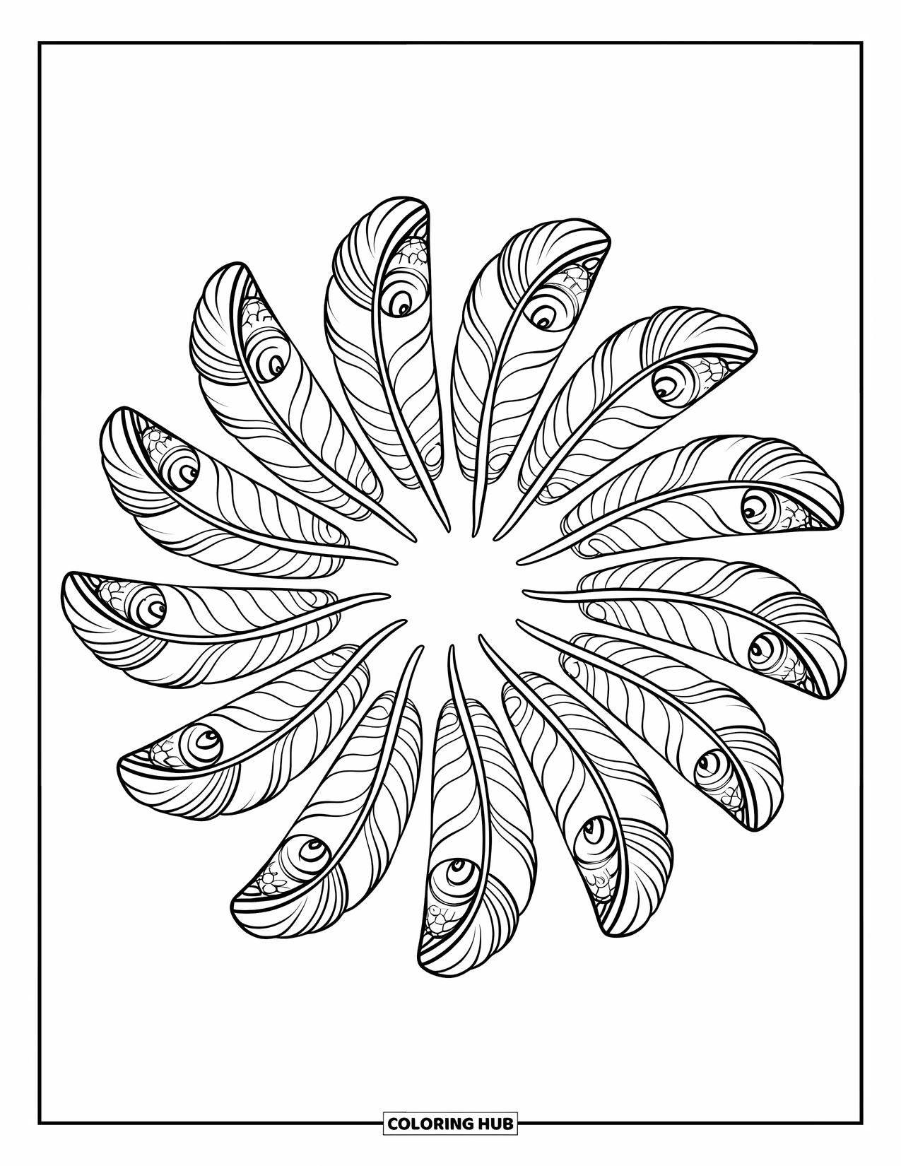Desenho de pena para colorir para crianças: Penas com padrões de mandala, dispostas em um design circular