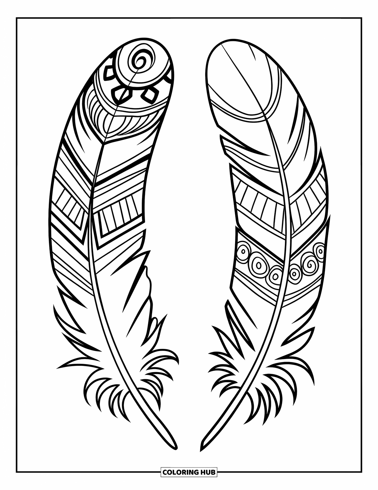 Desenho de pena para colorir para crianças: Duas penas com designs espirais e tribais detalhados