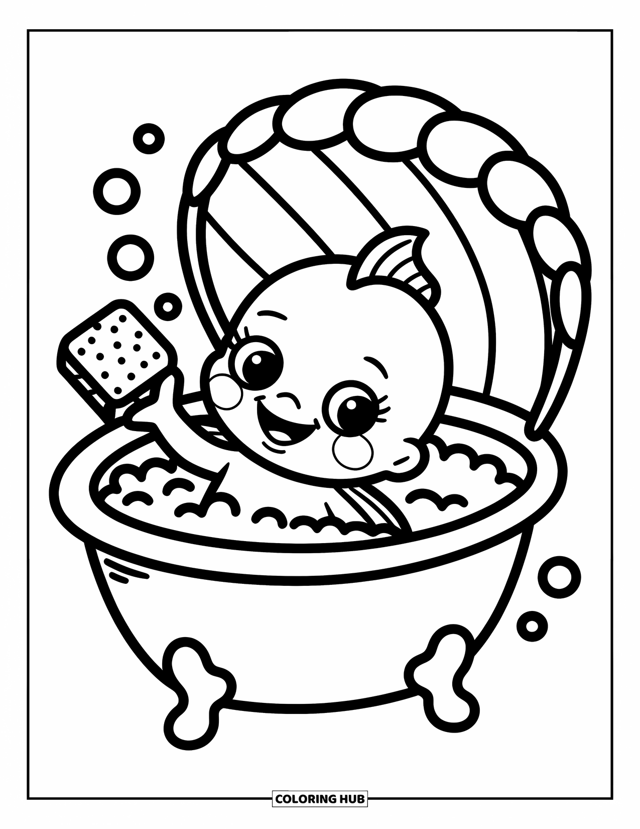 Fisch Ausmalbild für Erwachsene: Ein Baby-Fisch planscht freudig in einer mit Blasen gefüllten Muschelbadewanne und balanciert einen winzigen Schwamm auf dem Kopf
