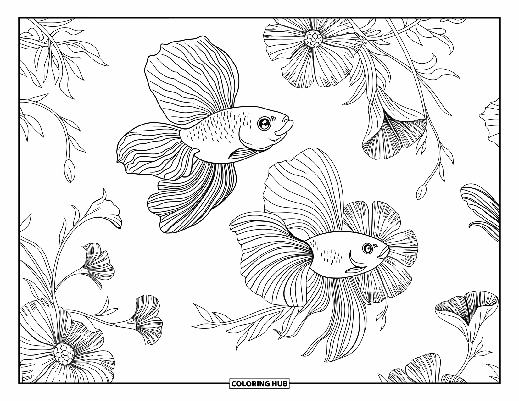 Fisch Ausmalbild für Erwachsene: Ein wunderschön detaillierter Betta-Fisch schwimmt durch wirbelnde Blumenmuster