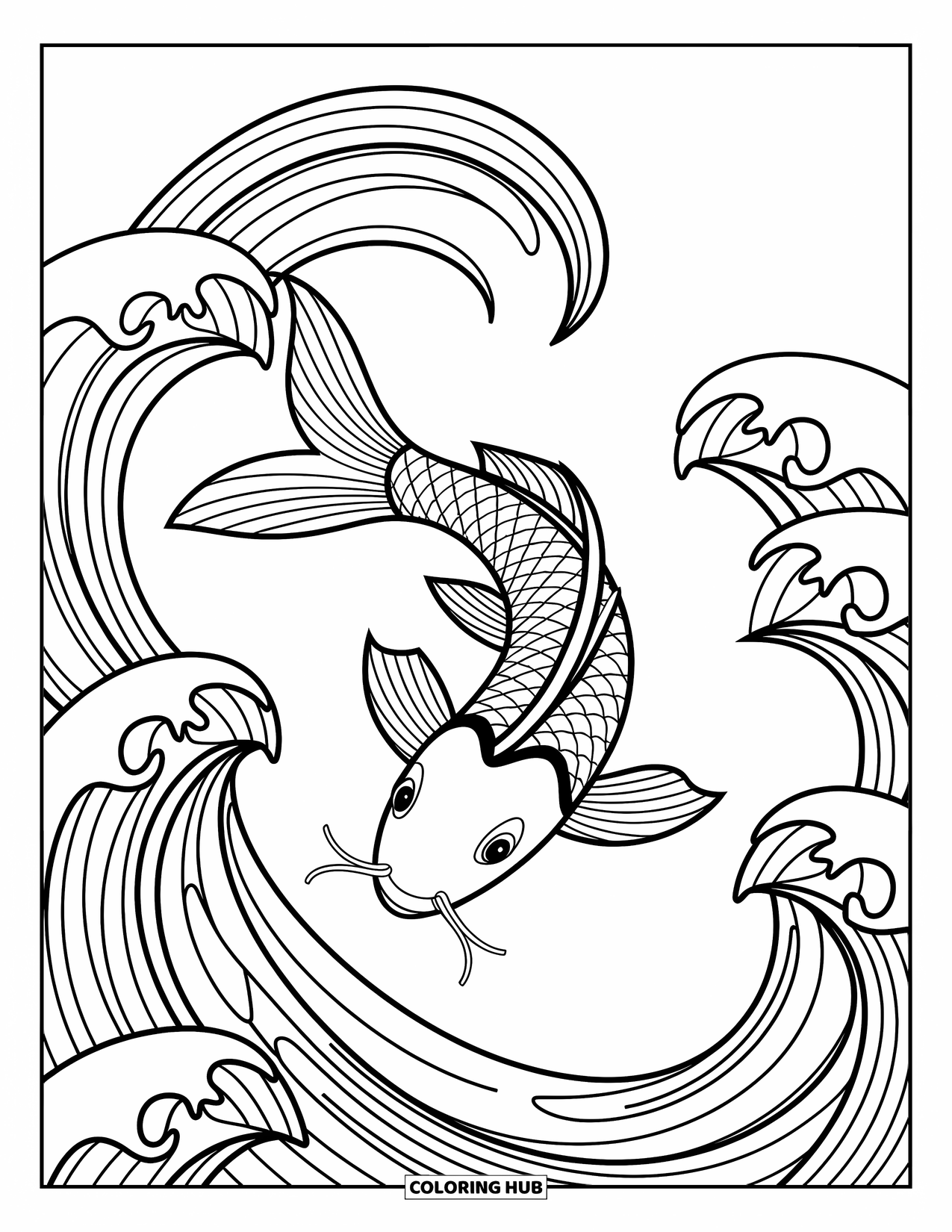 Fisch Ausmalbild für Erwachsene: Ein wunderschön detaillierter Koi-Fisch springt über stilisierte, wirbelnde Wellen
