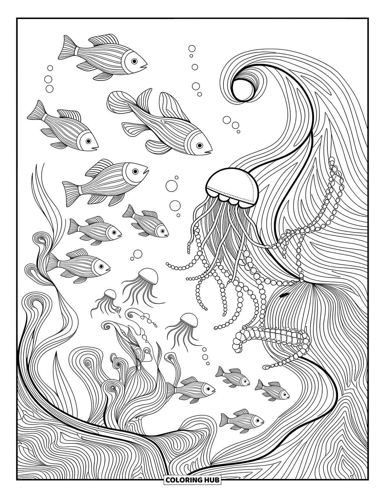 Fisch Ausmalbild für Erwachsene: Eine wunderschön detaillierte Unterwasserszene voller Fische, Quallen und eleganter Muster