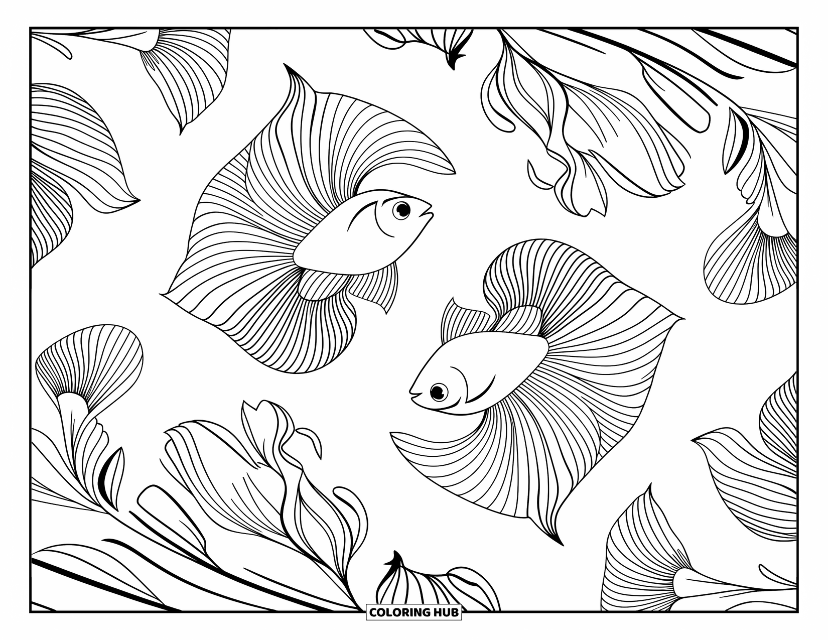 Fisch Ausmalbild für Erwachsene: Ein Betta-Fisch treibt in einem beruhigenden Design durch zarte, wirbelnde Blumenmuster