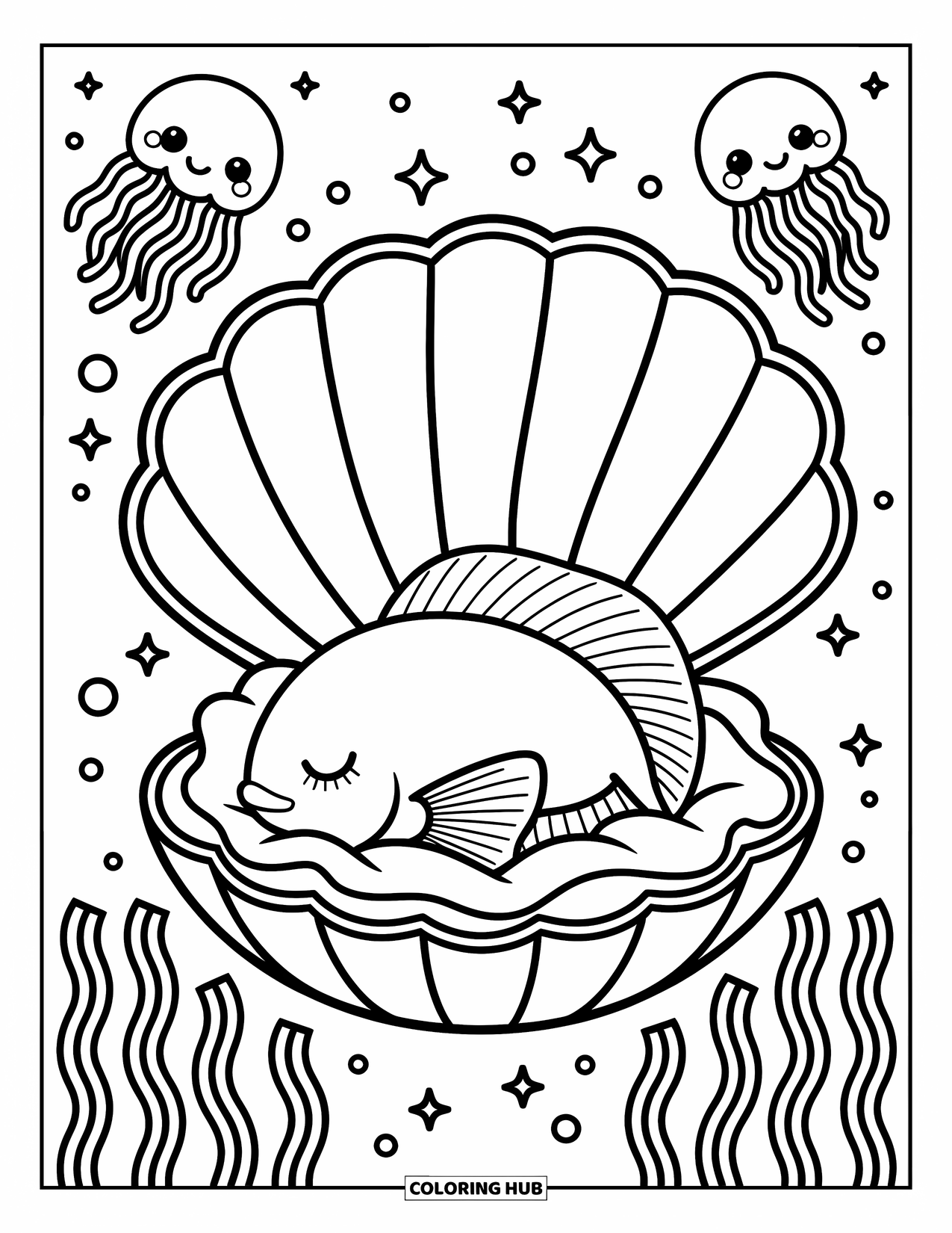 Fisch Ausmalbild für Erwachsene: Ein Betta-Fisch schmiegt sich in eine gemütliche Muschel, umgeben von funkelnden Quallen und weichen Blasen