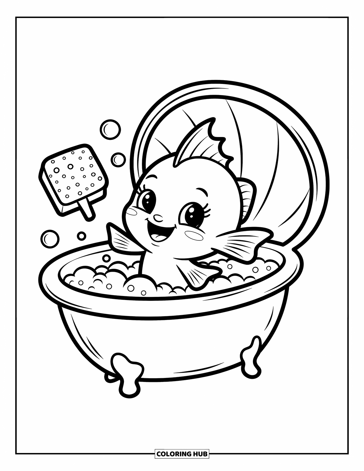 Fisch Ausmalbild für Erwachsene: Ein fröhlicher Babyfisch planscht in einer Muschelbadewanne und lässt vor Freude überall Blasen fliegen