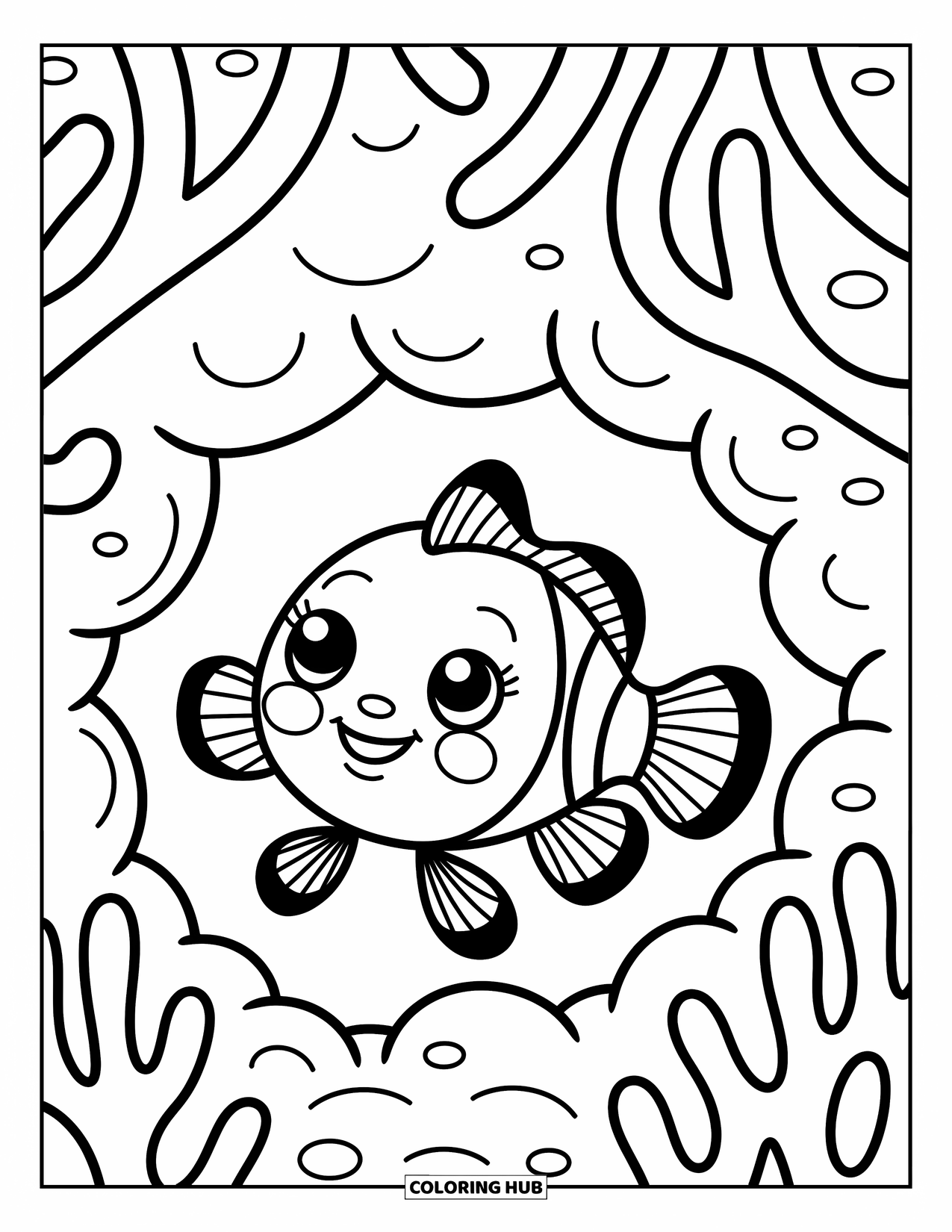 Fisch Ausmalbild für Erwachsene: Ein neugieriger Clownfisch lugt aus einer gemütlichen Korallenhöhle hervor, während ein anderer verspielt in der Nähe sucht