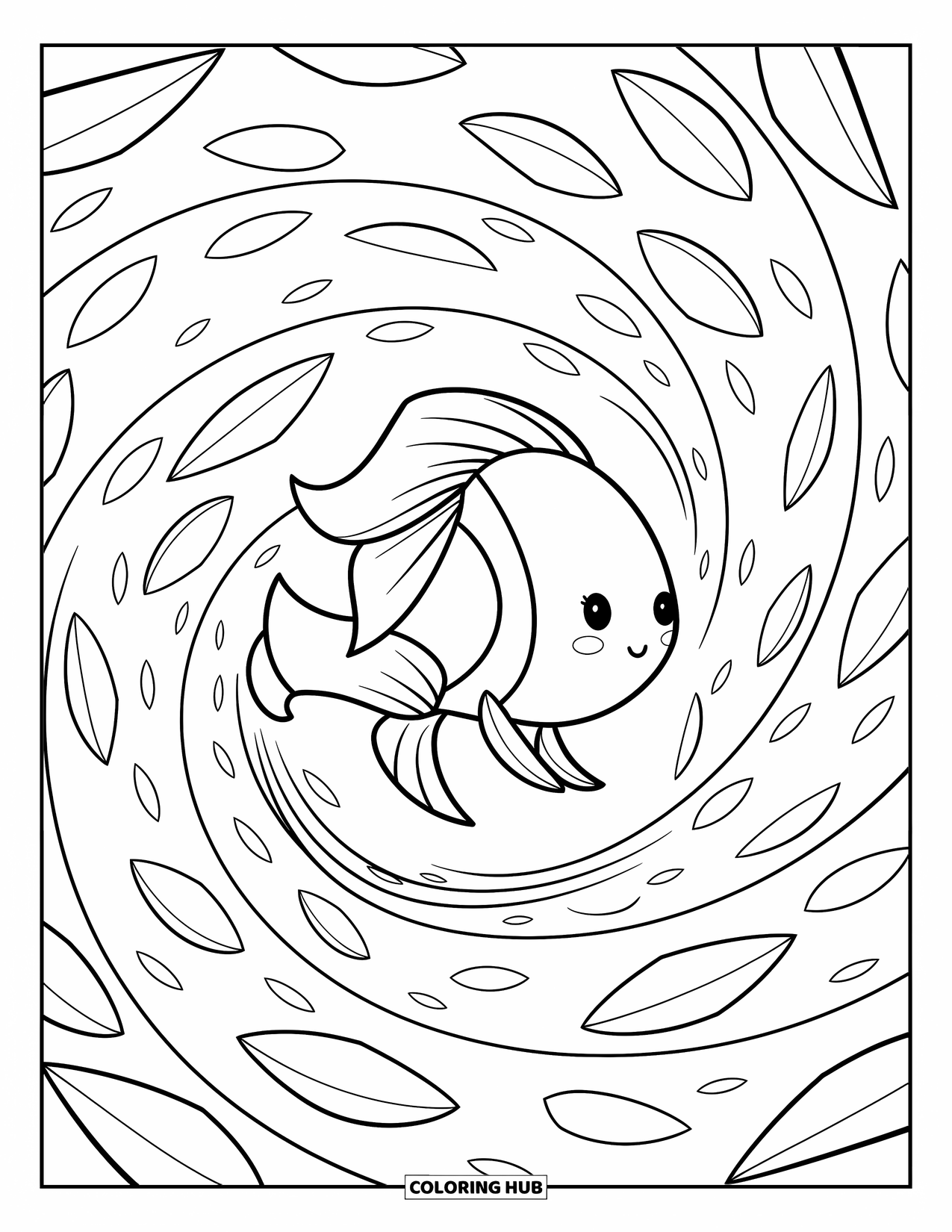 Fisch Ausmalbild für Erwachsene: Ein zarter Fisch treibt durch schwebende Blütenblätter, umgeben von sanften Wellen und sanften Ozeanwirbeln