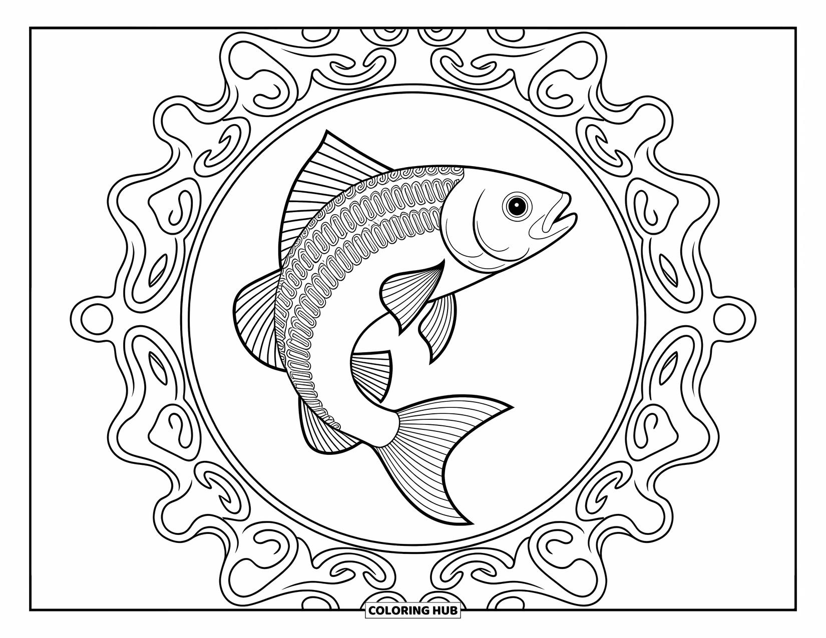 Fisch Ausmalbild für Erwachsene: Ein detaillierter Fisch mit wirbelnden Mustern wird von einem komplizierten, kreisförmigen Design eingerahmt
