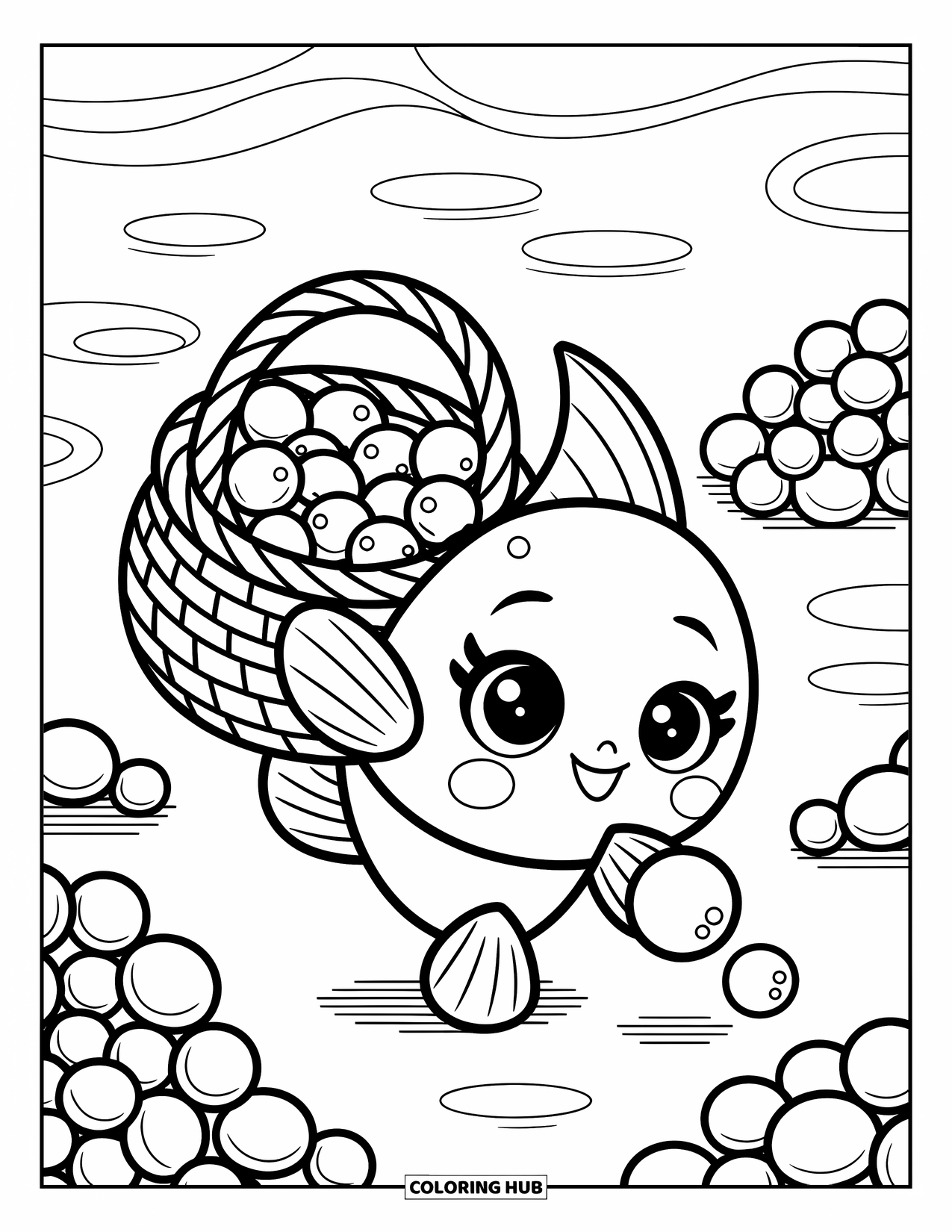 Fisch Ausmalbild für Erwachsene: Ein entschlossener Fisch sammelt sorgfältig Perlen in einem Seegraskorb, umgeben von sanften Meereswellen