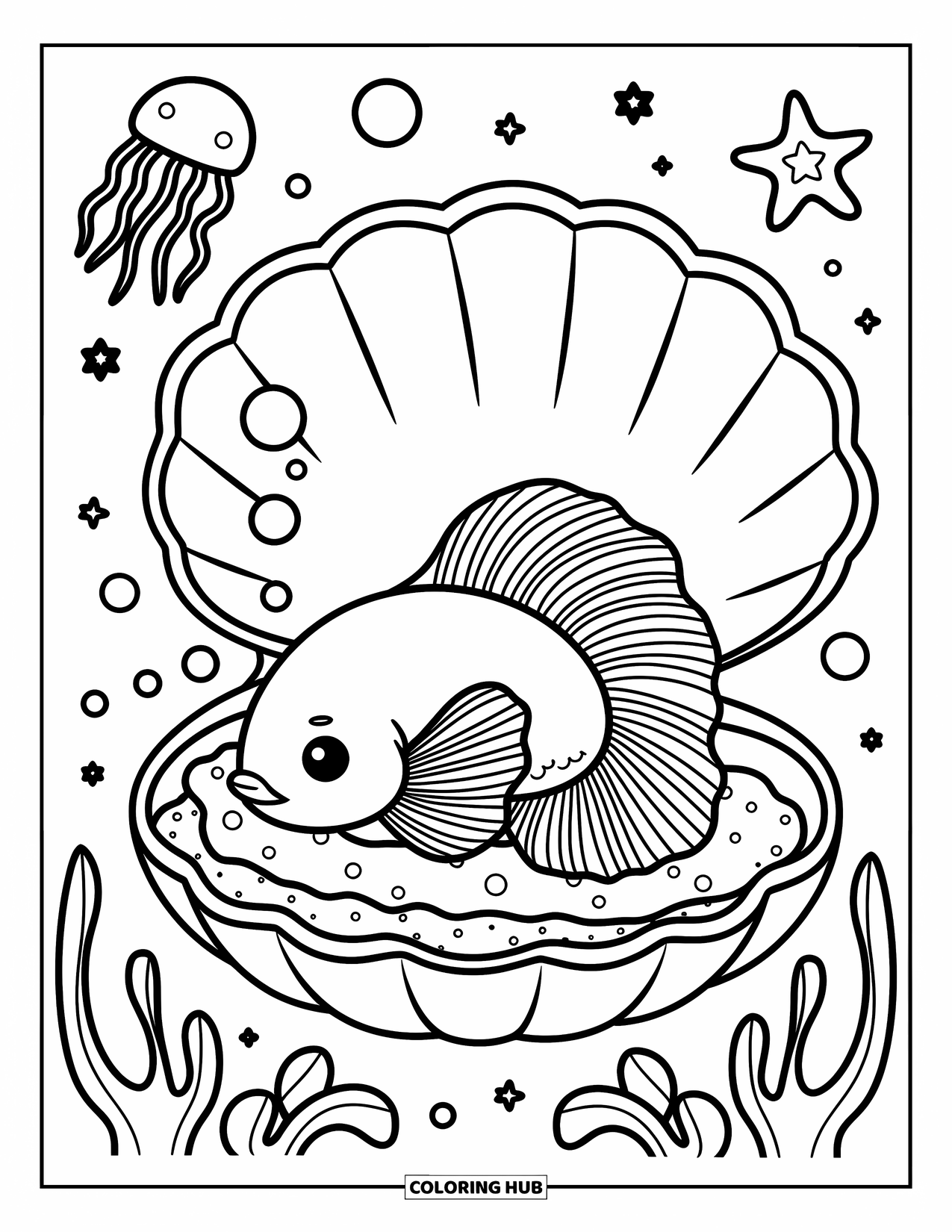 Fisch Ausmalbild für Erwachsene: Ein verträumter Betta-Fisch ruht in einer riesigen Muschel und treibt friedlich in einem mit Blasen gefüllten Ozean
