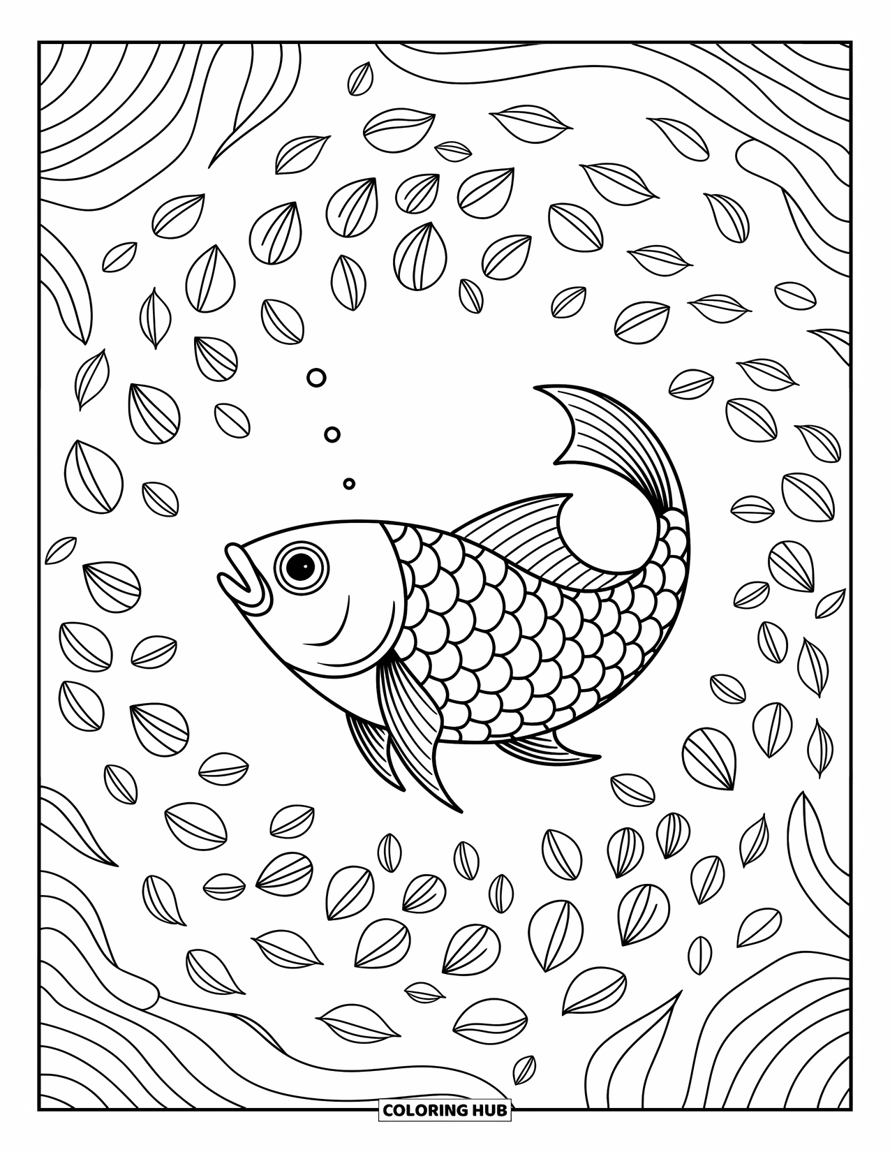 Fisch Ausmalbild für Erwachsene: Ein Fisch gleitet durch einen magischen Wirbel aus Blütenblättern und erschafft eine sanfte, gartenähnliche Unterwasserwelt