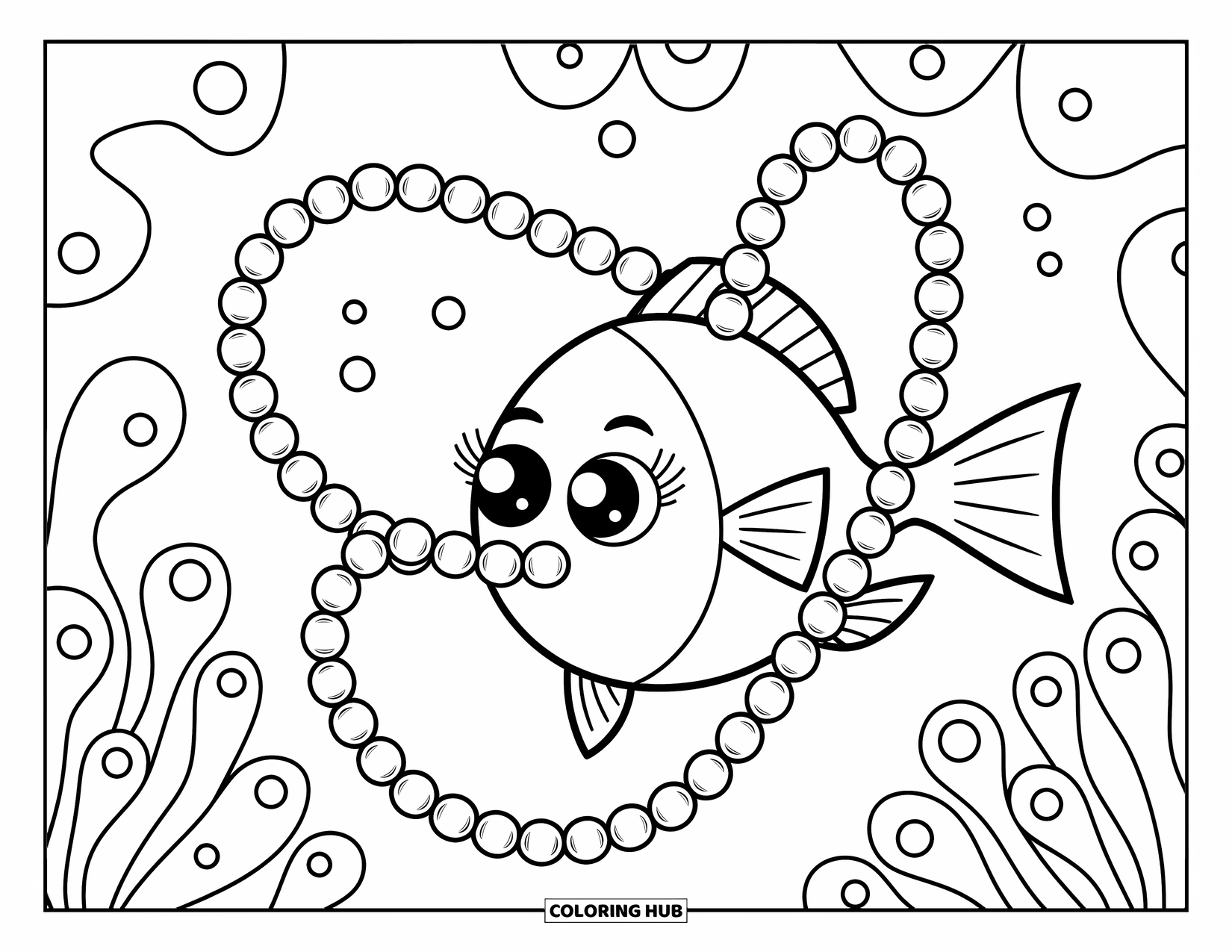 Fisch Ausmalbild für Erwachsene: Ein Fisch wirbelt verspielt eine Perlenkette um seinen Körper und erzeugt so einen wellenförmigen, schimmernden Effekt