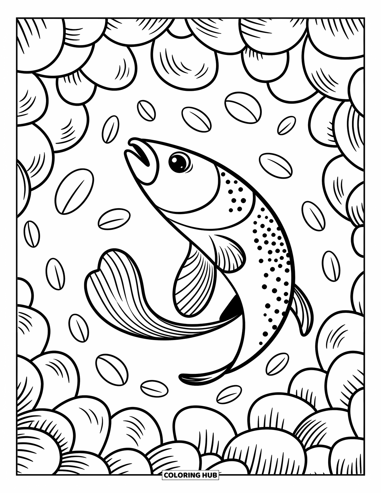 Fisch Ausmalbild für Erwachsene: Ein Fisch schwimmt mühelos durch eine wirbelnde Wolke aus Blütenblättern und erschafft eine friedliche und skurrile Szene