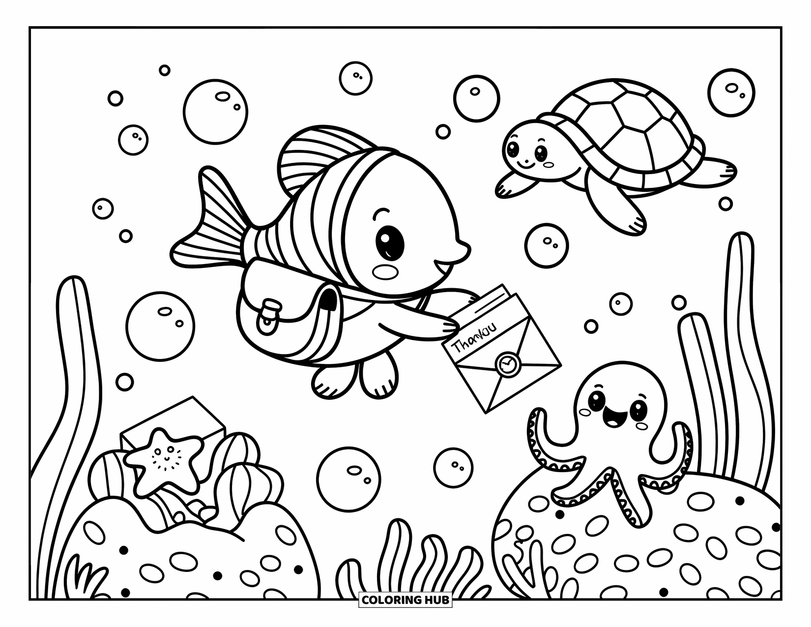Fisch Ausmalbild für Erwachsene: Ein freundlicher Fisch liefert in Blasen eingeschlossene Briefe an aufgeregte Meeresbewohner in einer skurrilen Unterwasserszene