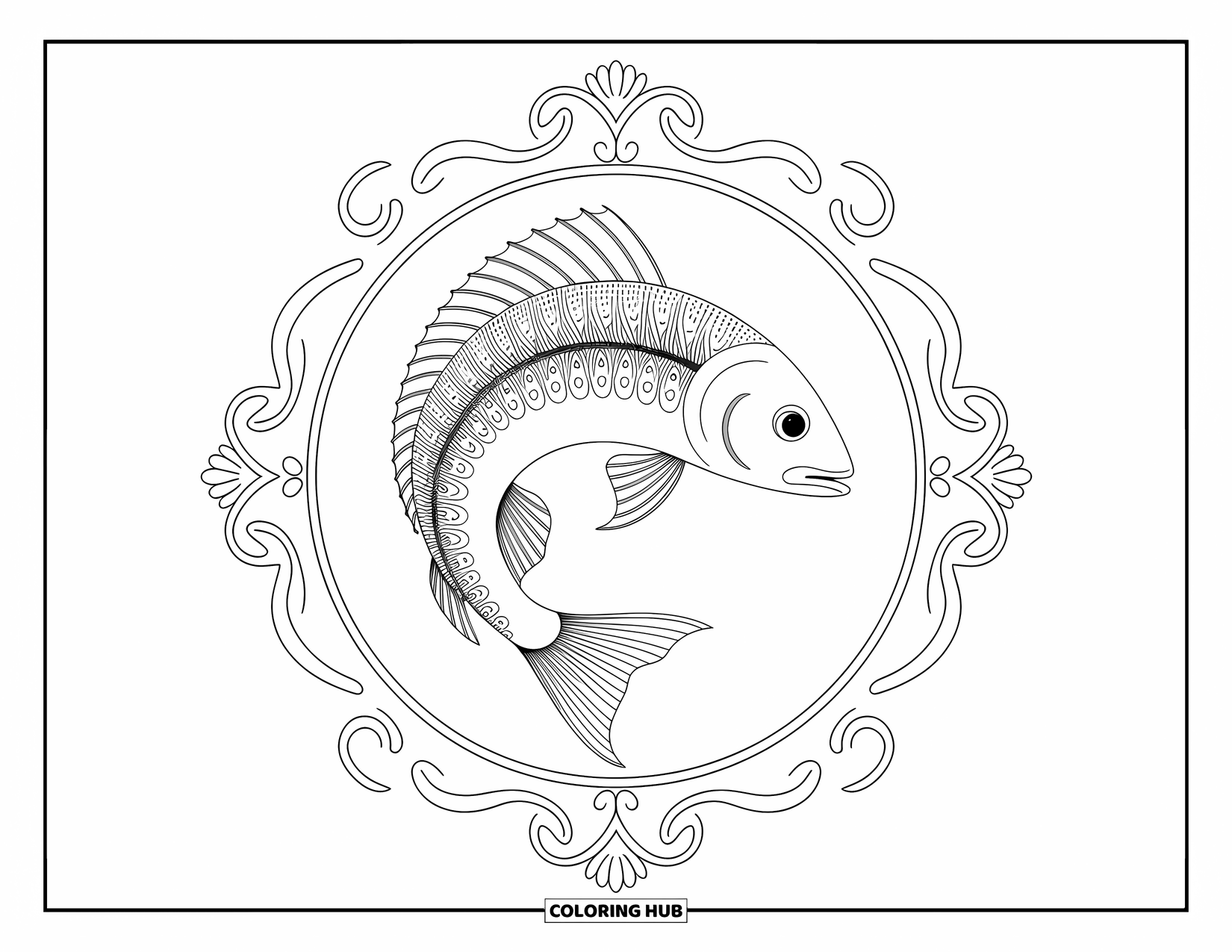 Fisch Ausmalbild für Erwachsene: Ein anmutig geschwungener Fisch schwebt in einem dekorativen Rahmen voller eleganter Muster