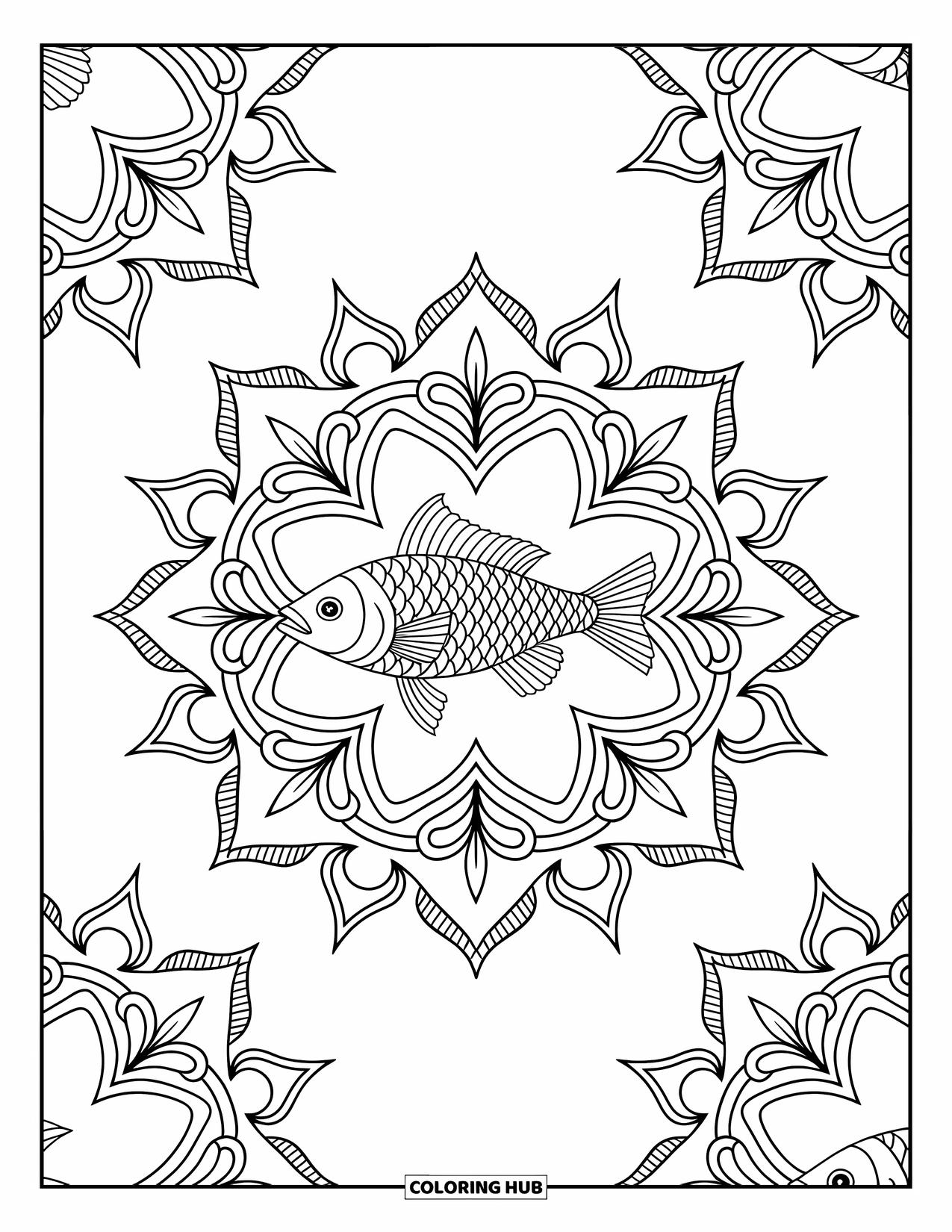 Fisch Ausmalbild für Erwachsene: Ein anmutig detaillierter Fisch sitzt in einem eleganten Design im Mandala-Stil